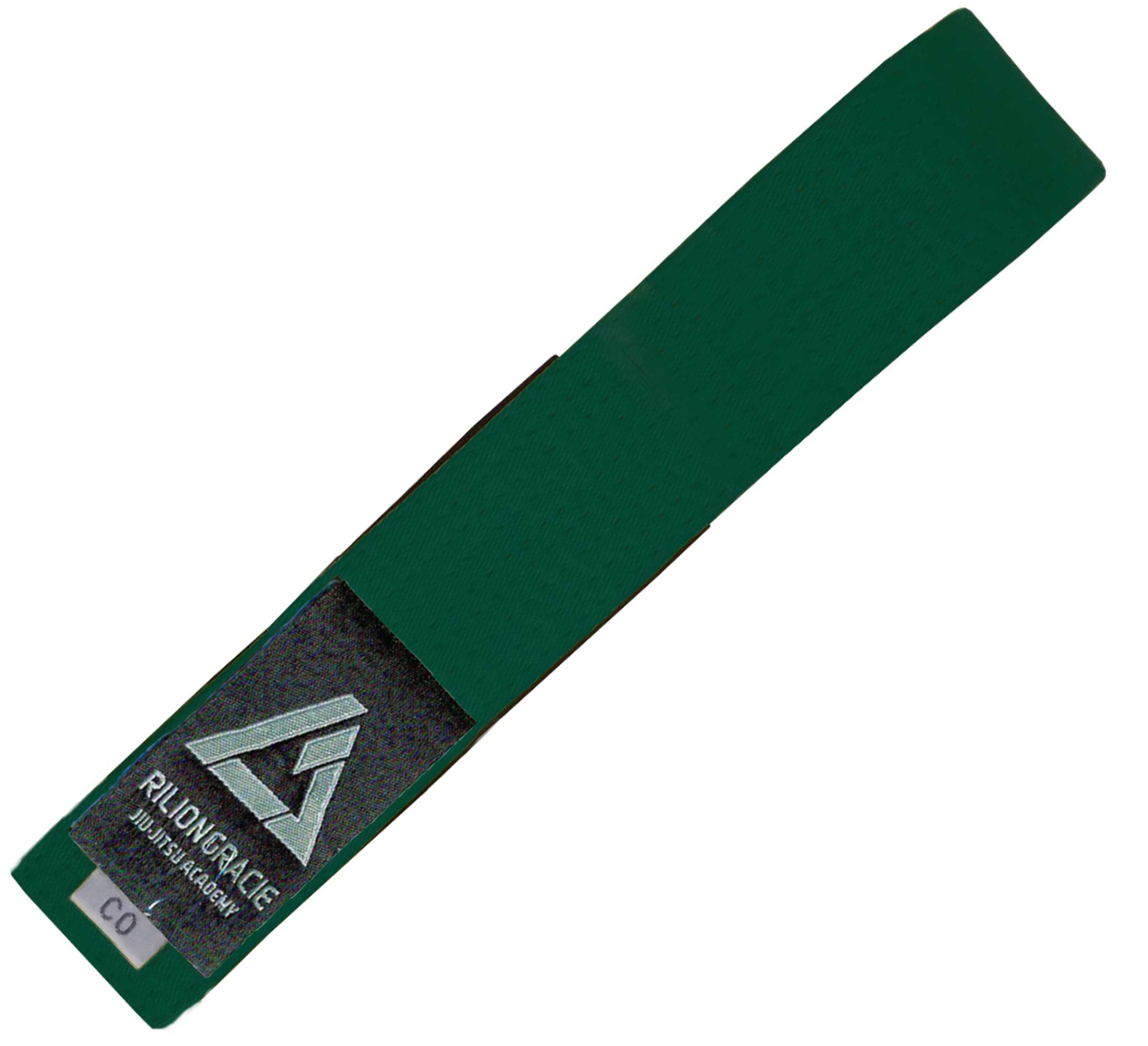 The Rilion Gracie Belt Green features a black label with a silver geometric logo and “RILINGRACE MARTIAL ARTS ACADEMY” text, plus a small “C0” tag at the end.
