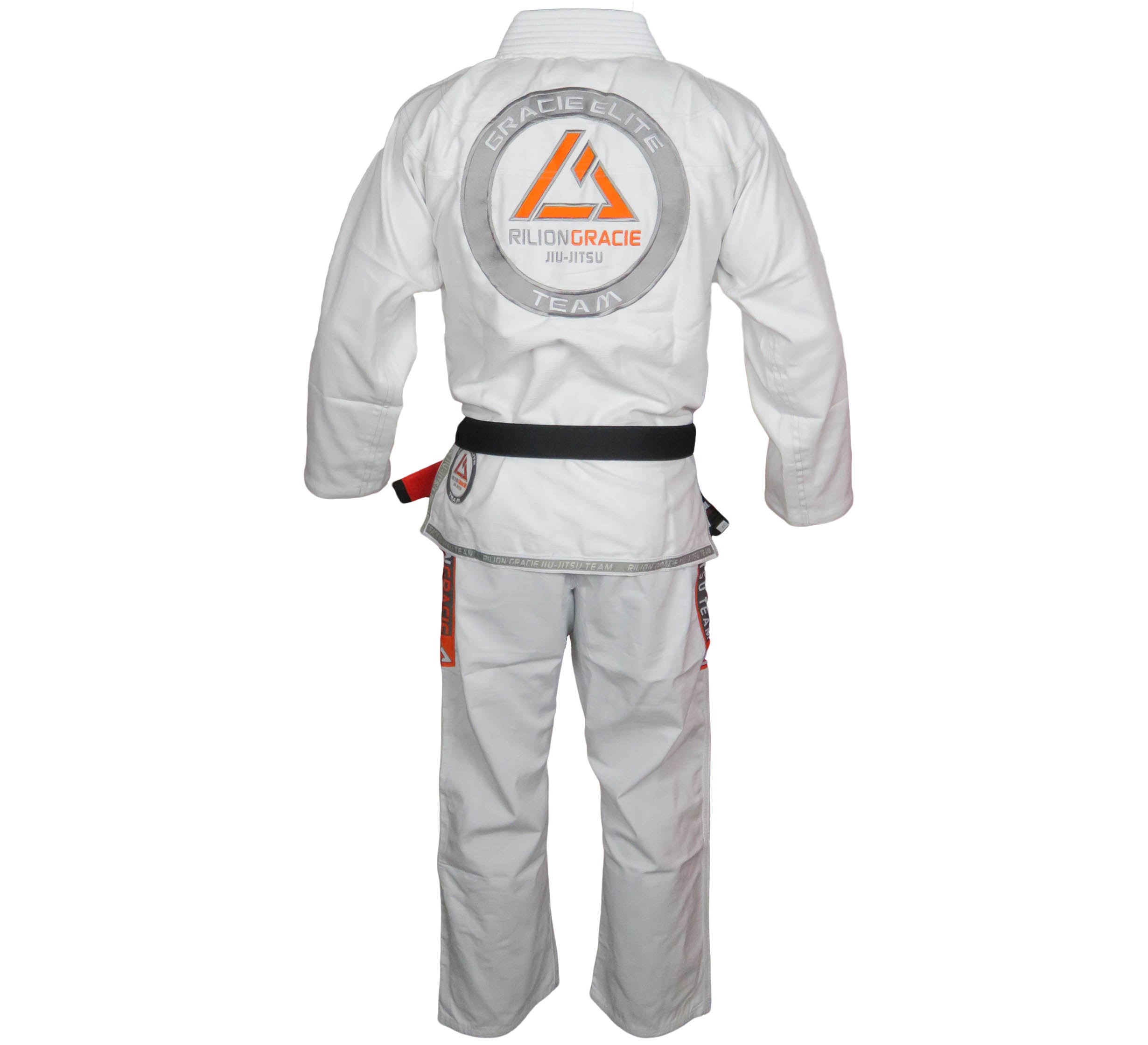 A person, seen from the back, wears a white Rilion Gracie Superlite Gi with a black belt. The gi displays large Gracie Elite and Rilion Gracie Jiu-Jitsu Team logos on the back.