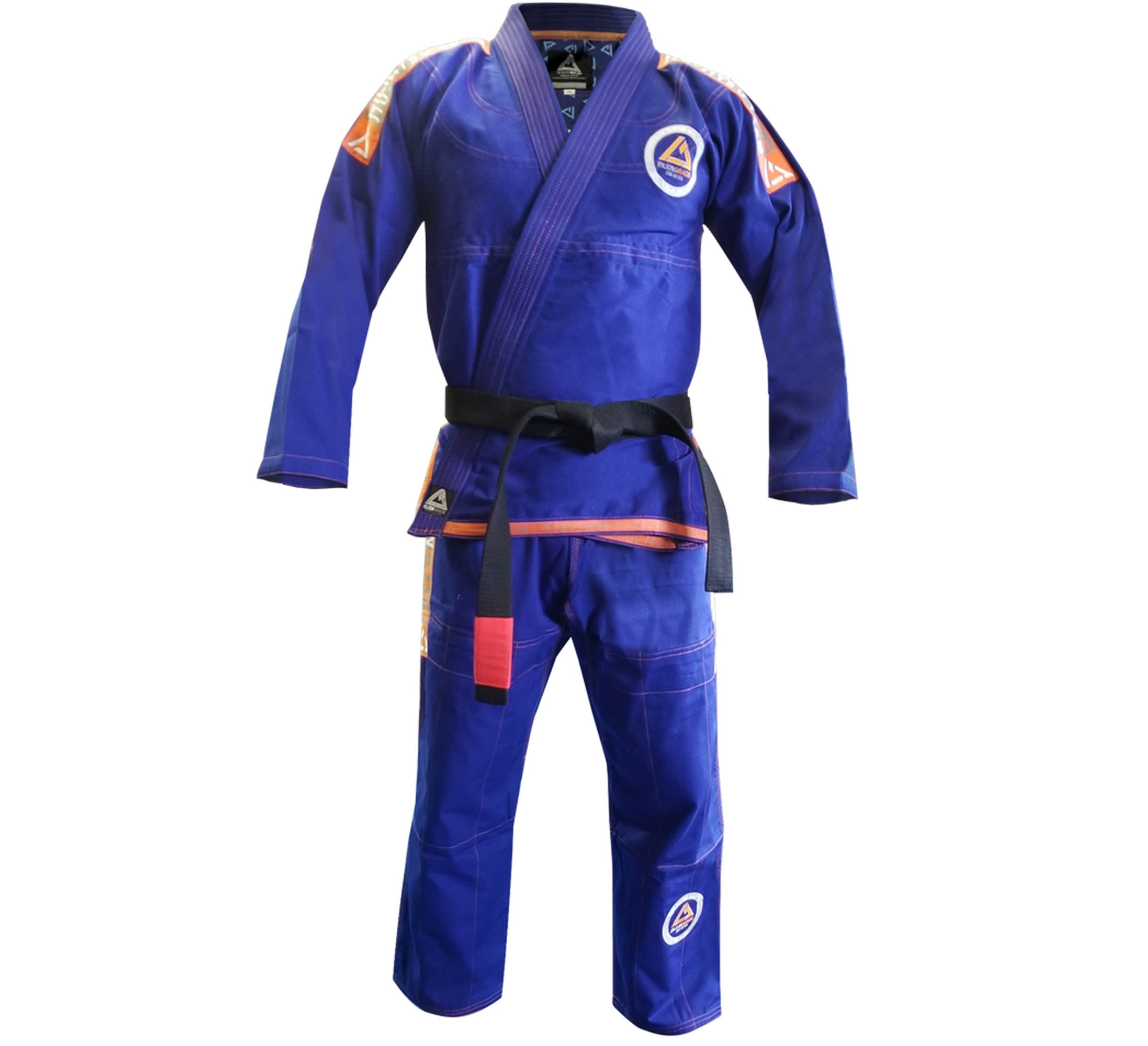 The Rilion Gracie Superlite Gi is a blue Brazilian Jiu-Jitsu uniform with patches on the shoulders and pant leg, showcased on a mannequin and paired with a black belt tied at the waist.