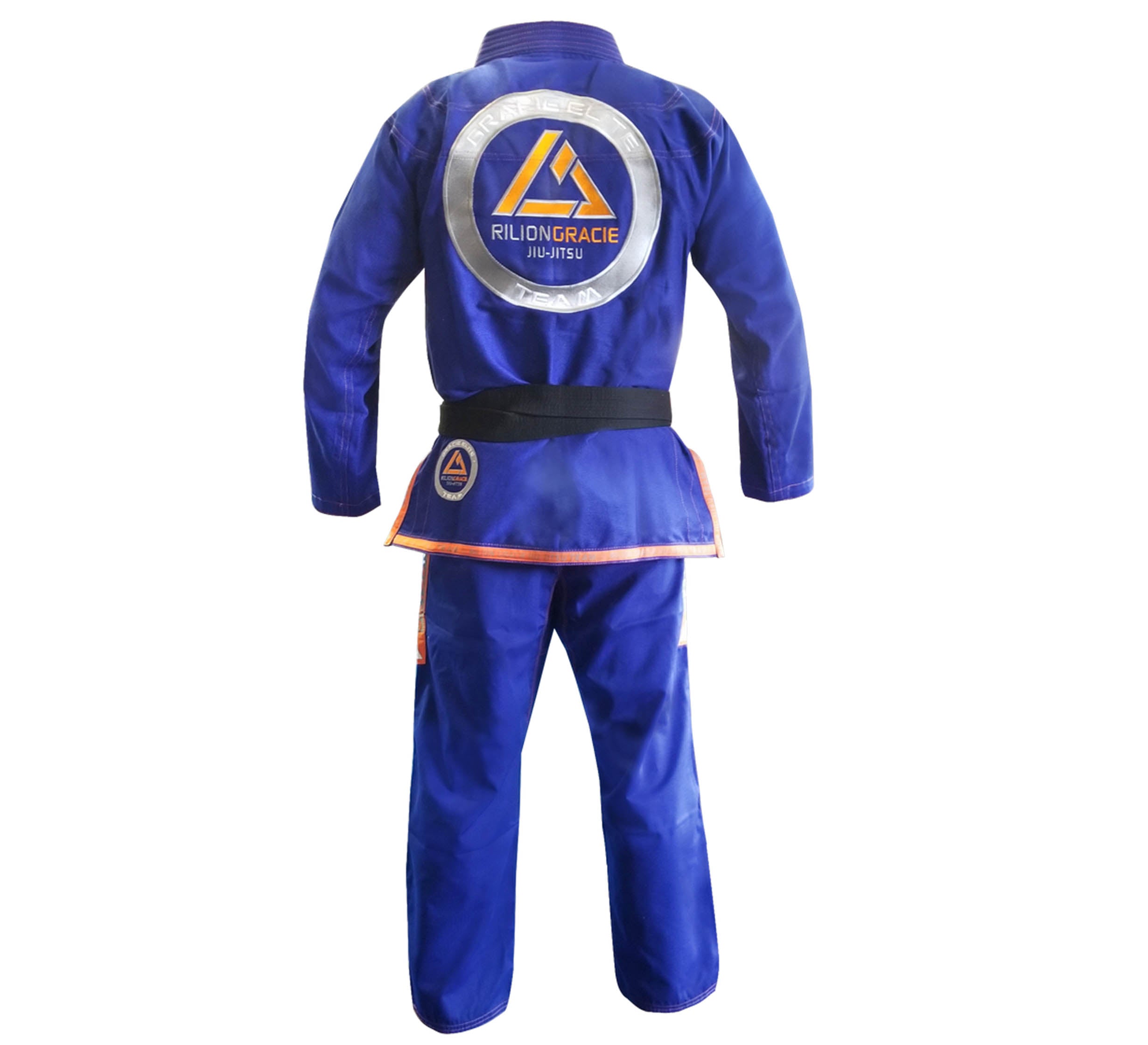 The Rilion Gracie Superlite Gi is a blue Brazilian Jiu-Jitsu gi with orange trim, shown from the back, featuring a large circular Gracie Jiu-Jitsu patch and a black belt around the waist.