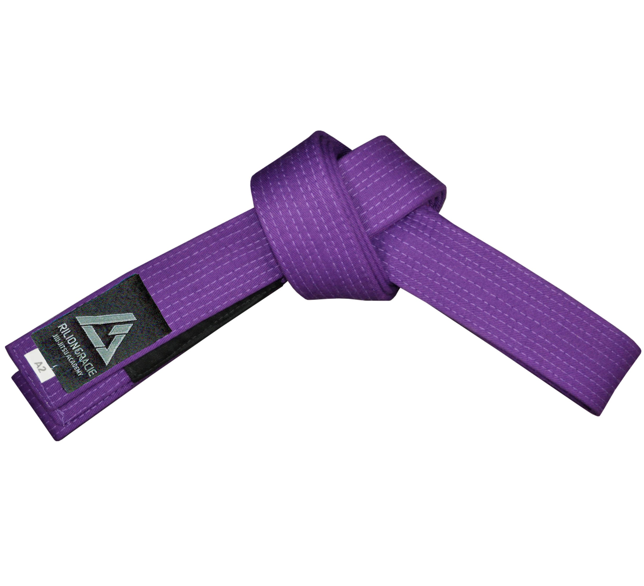 The Rilion Gracie Belt Purple is a neatly tied martial arts belt with a black label featuring a logo and text on one end, displayed against a white background.