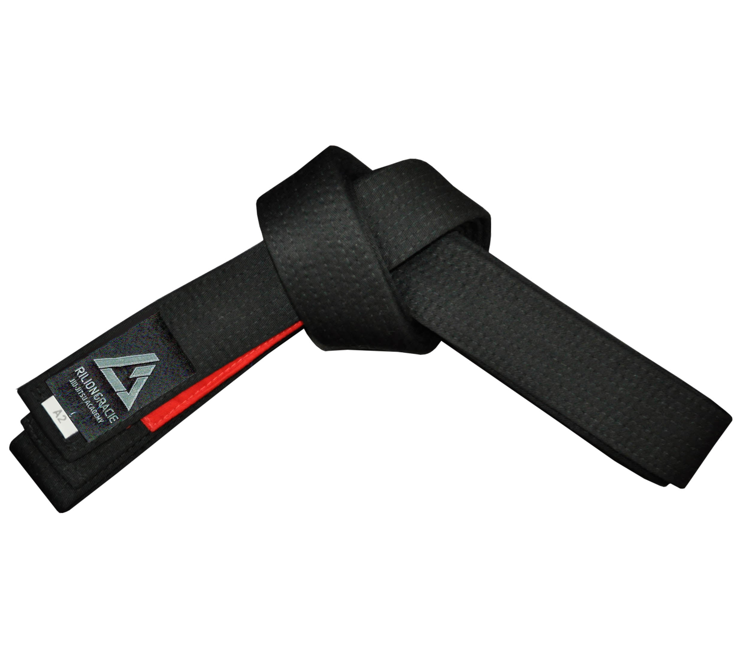 The Rilion Gracie Belt Black features a red stripe and label, tied in a knot, set against a white background.