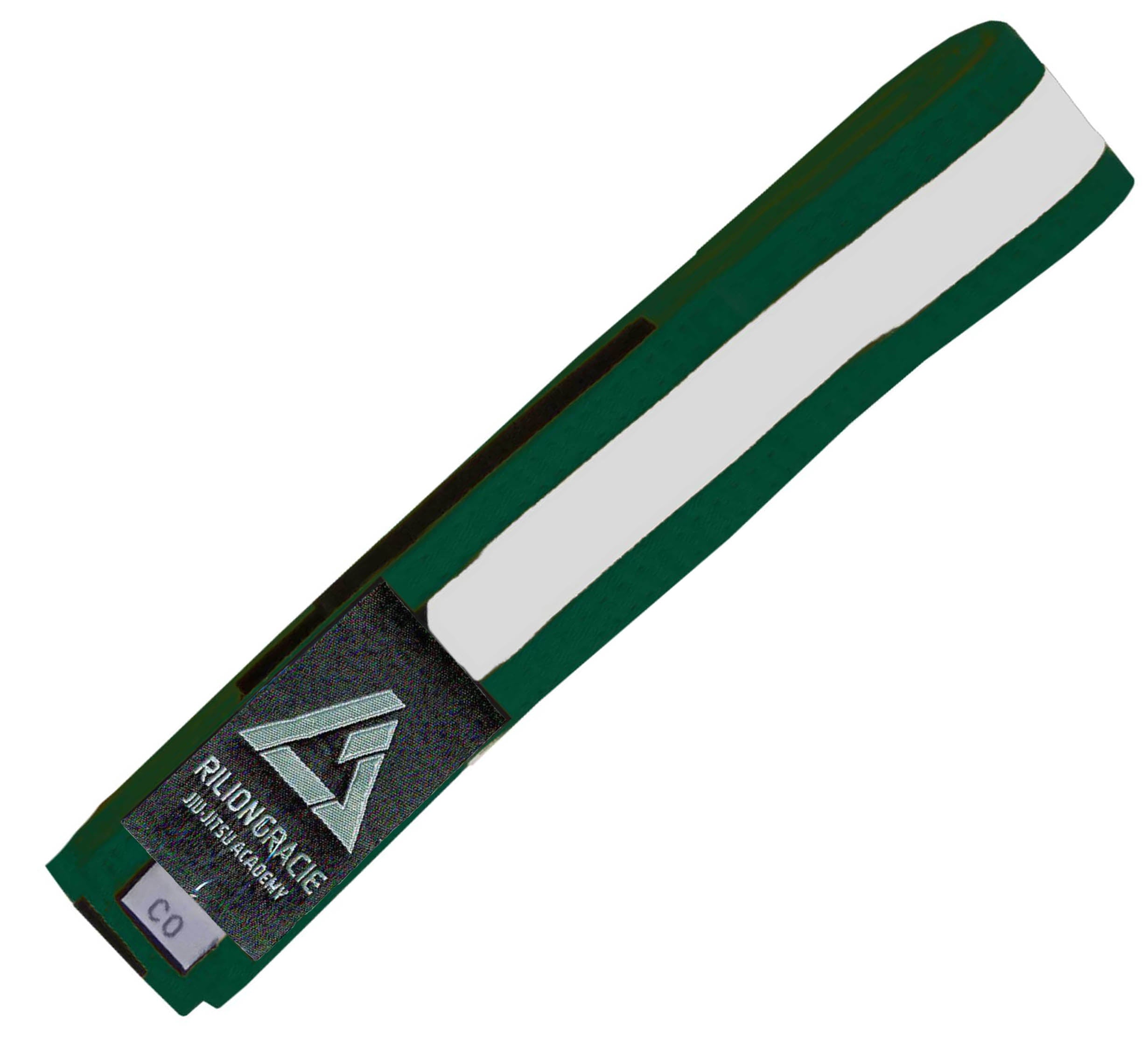 The Kids Rilion Gracie Belt Green/White features a green belt with a white stripe, a black label with silver Rilion Gracie Martial Arts text, and a small purple CO tag.