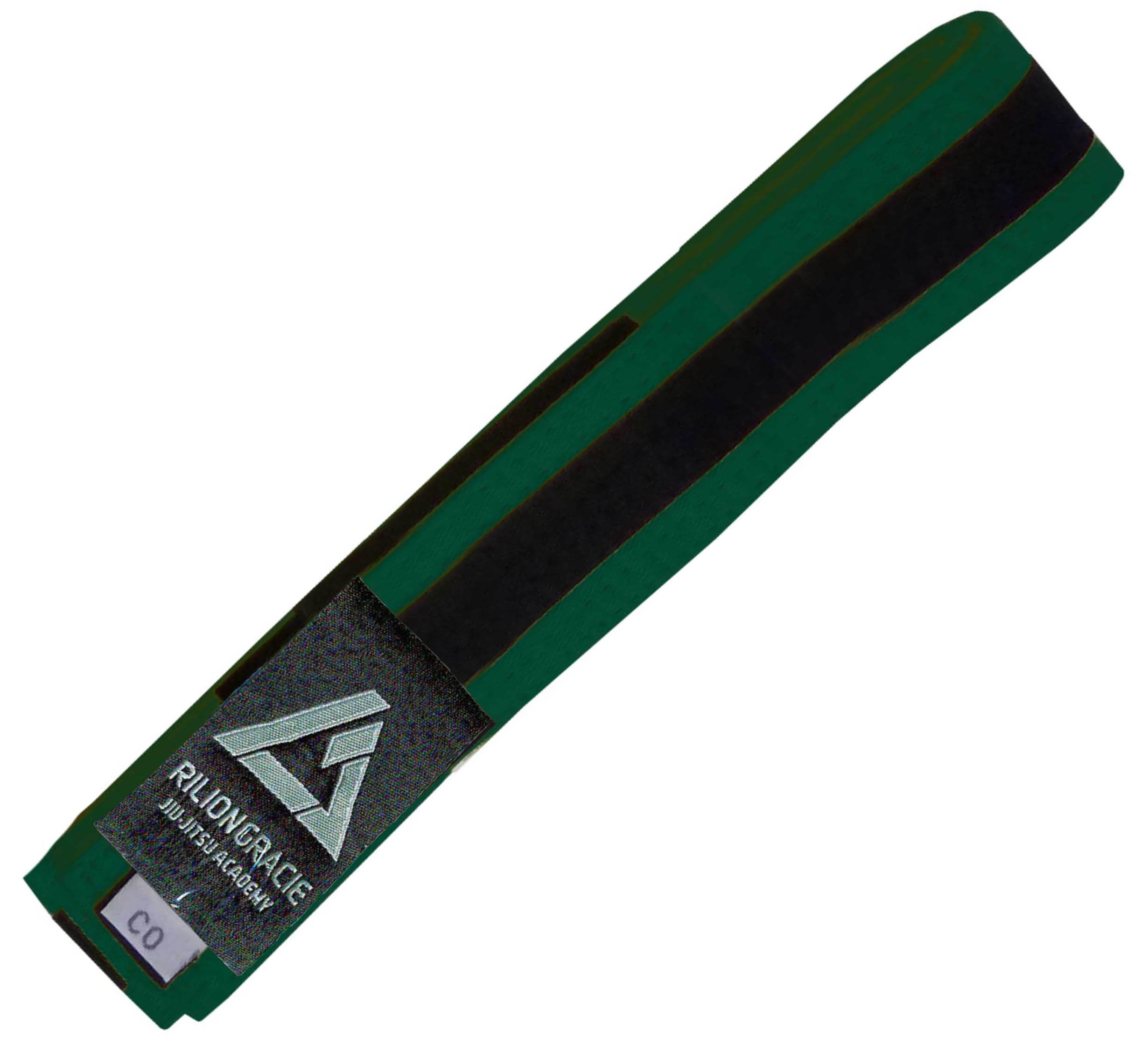 The Rilion Gracie Belt Green/Black is a folded martial arts belt featuring the Rilion Gracie Jiu Jitsu Academy logo patch and a small C0 label.