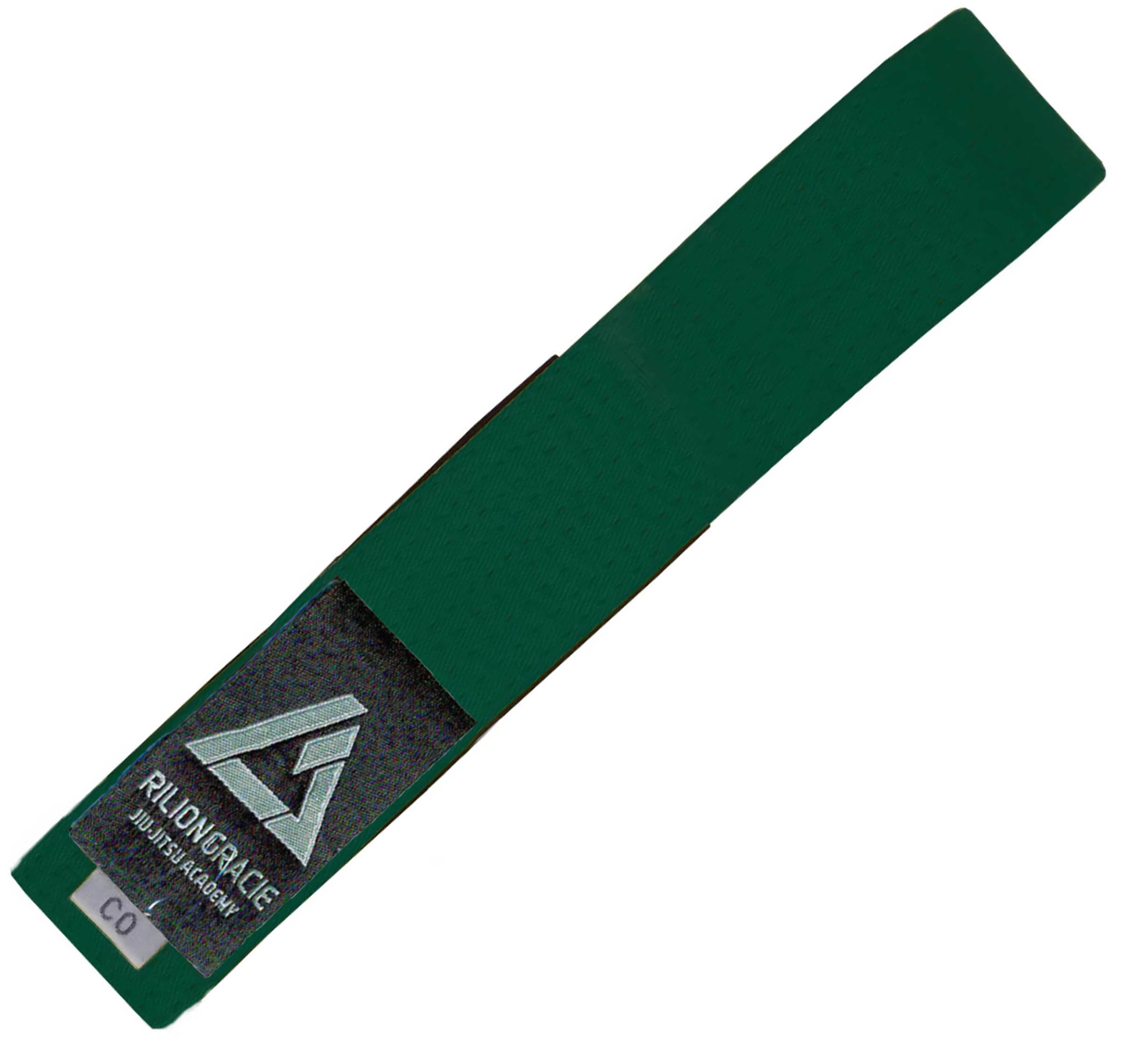 The Kids Rilion Gracie Belt Green features a black and gray patch with a triangular logo, "Rilion Gracie Martial Academy" text, and a small C0 label at the end.
