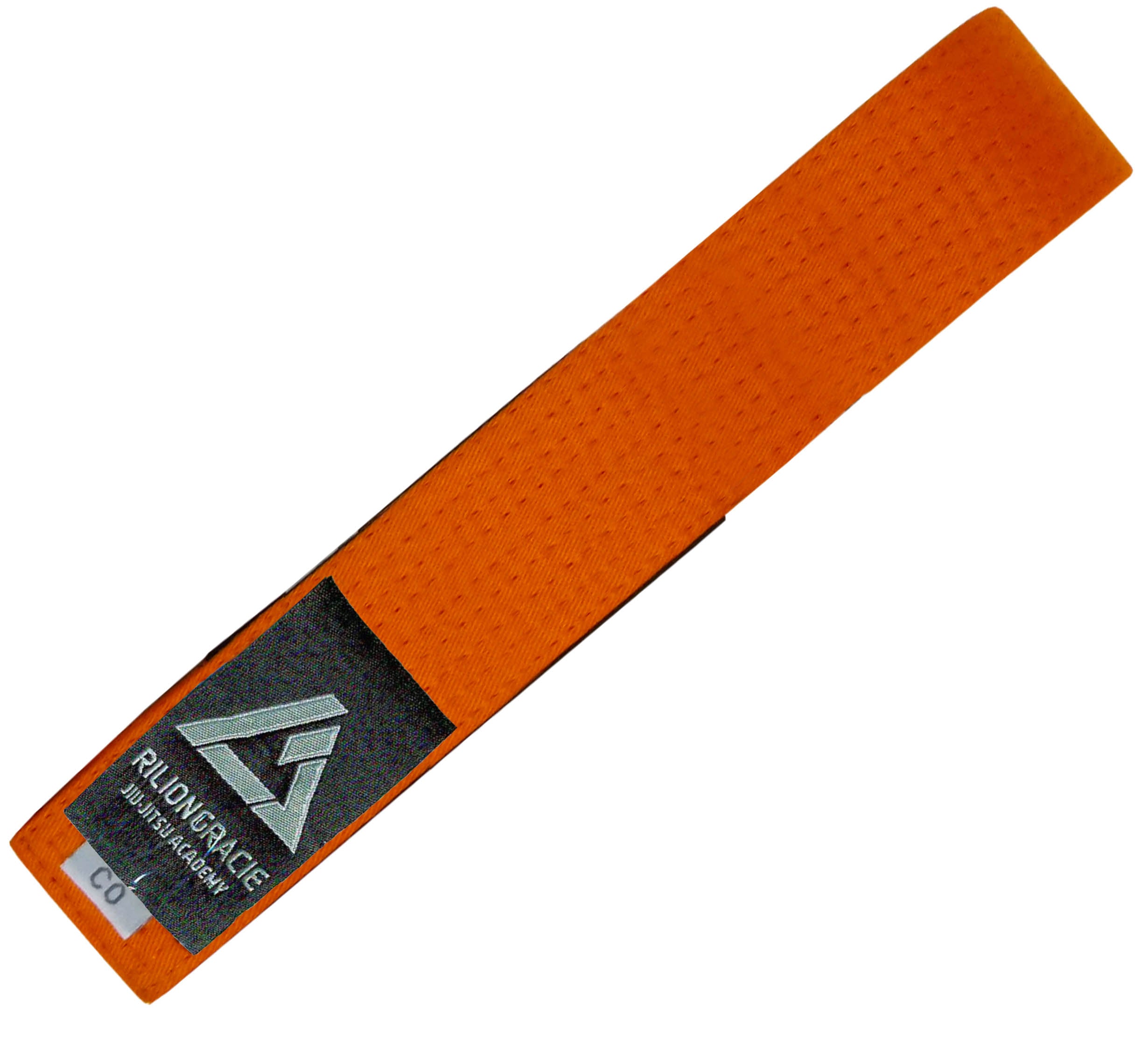 The Kids Rilion Gracie Belt Orange features a black label with a silver geometric logo and the text "Rilion Gracie Jiu-Jitsu Academy.