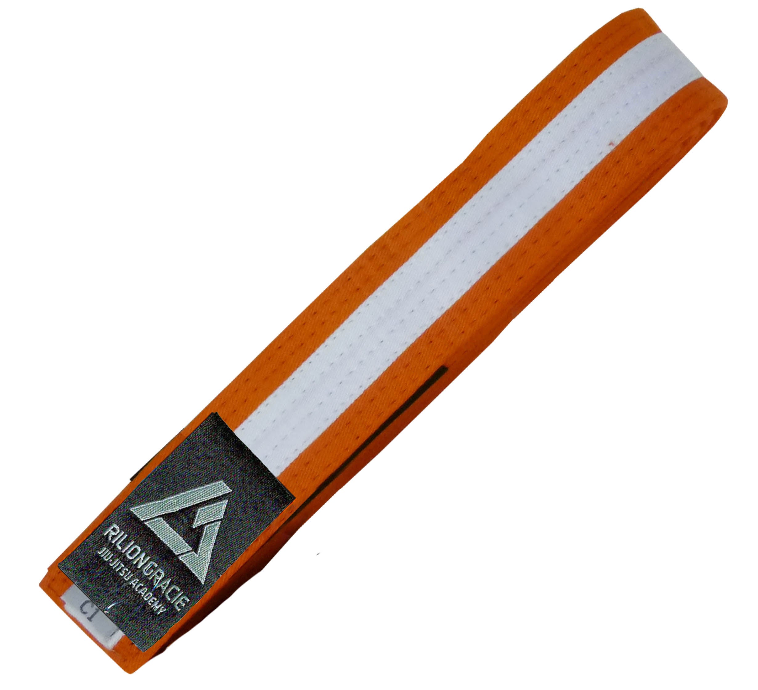 The Kids Rilion Gracie Belt Orange/White is an orange martial arts belt with a white center stripe and a Rilion Gracie Jiu Jitsu Association patch near one end.