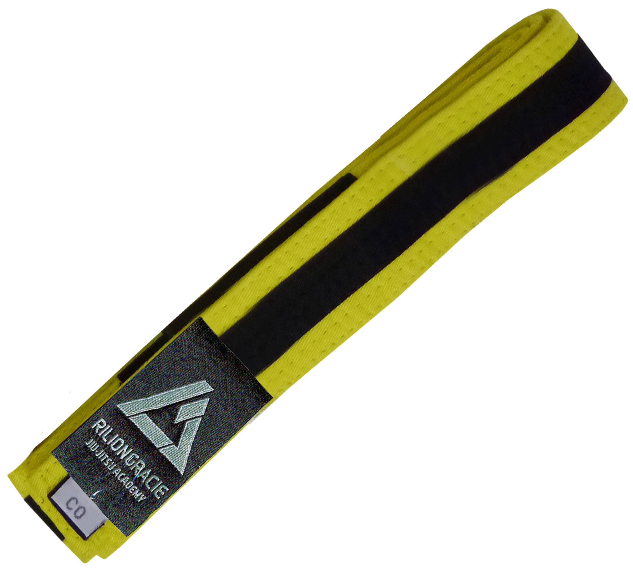 The Kids Rilion Gracie Belt Yellow/Black is a yellow martial arts belt with a black stripe, featuring a "Rilion Gracie Martial Arts Center" patch and a size tag labeled C0.