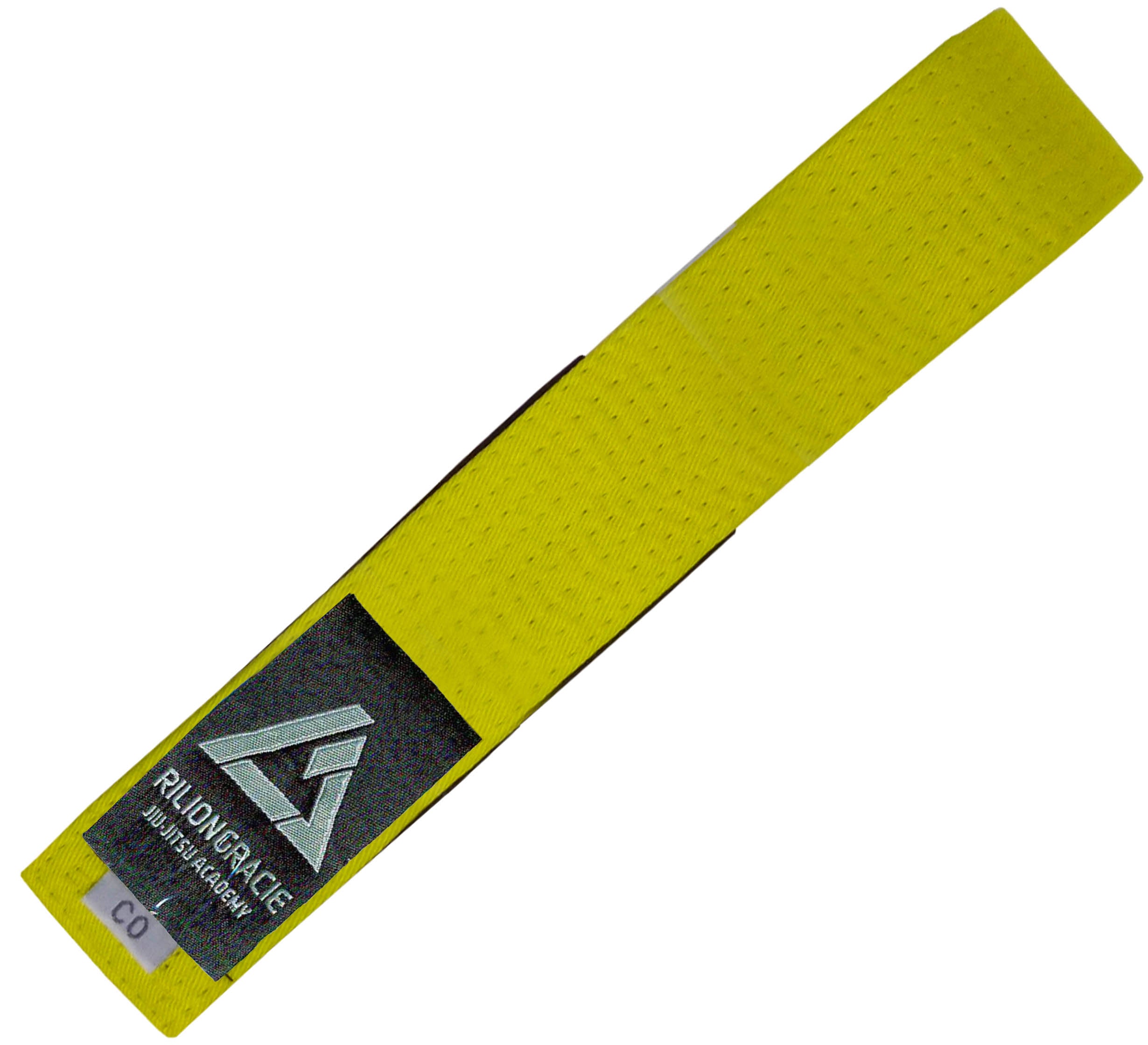 The Kids Rilion Gracie Belt Yellow is a yellow martial arts belt featuring a black label with the Gracie Jiu-Jitsu logo and text, plus a small gray C0 tag near one end.