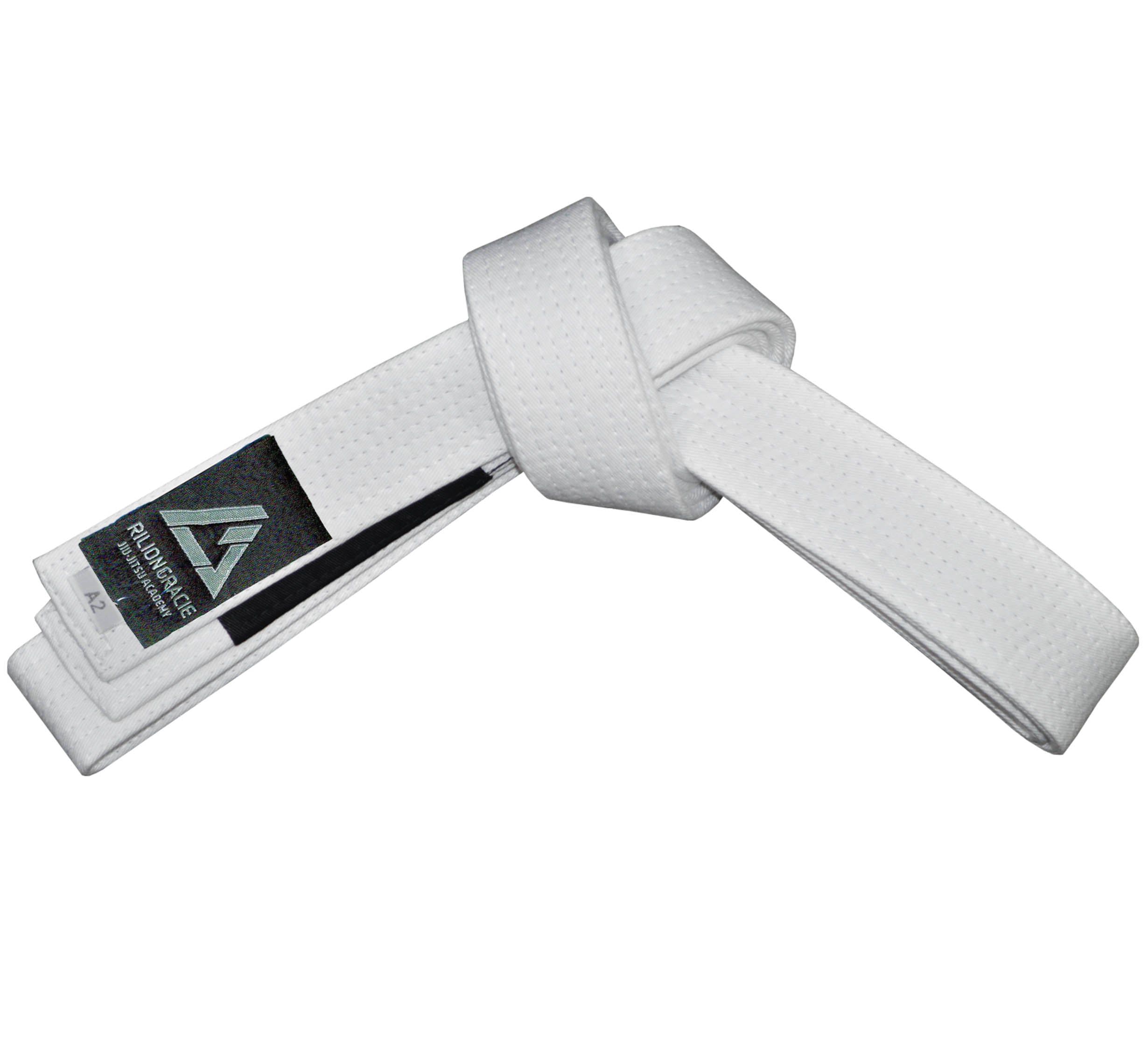 The Kids Rilion Gracie Belt White is a textured white martial arts belt, tied in a simple knot, featuring a black label with the brand logo and text on one end.
