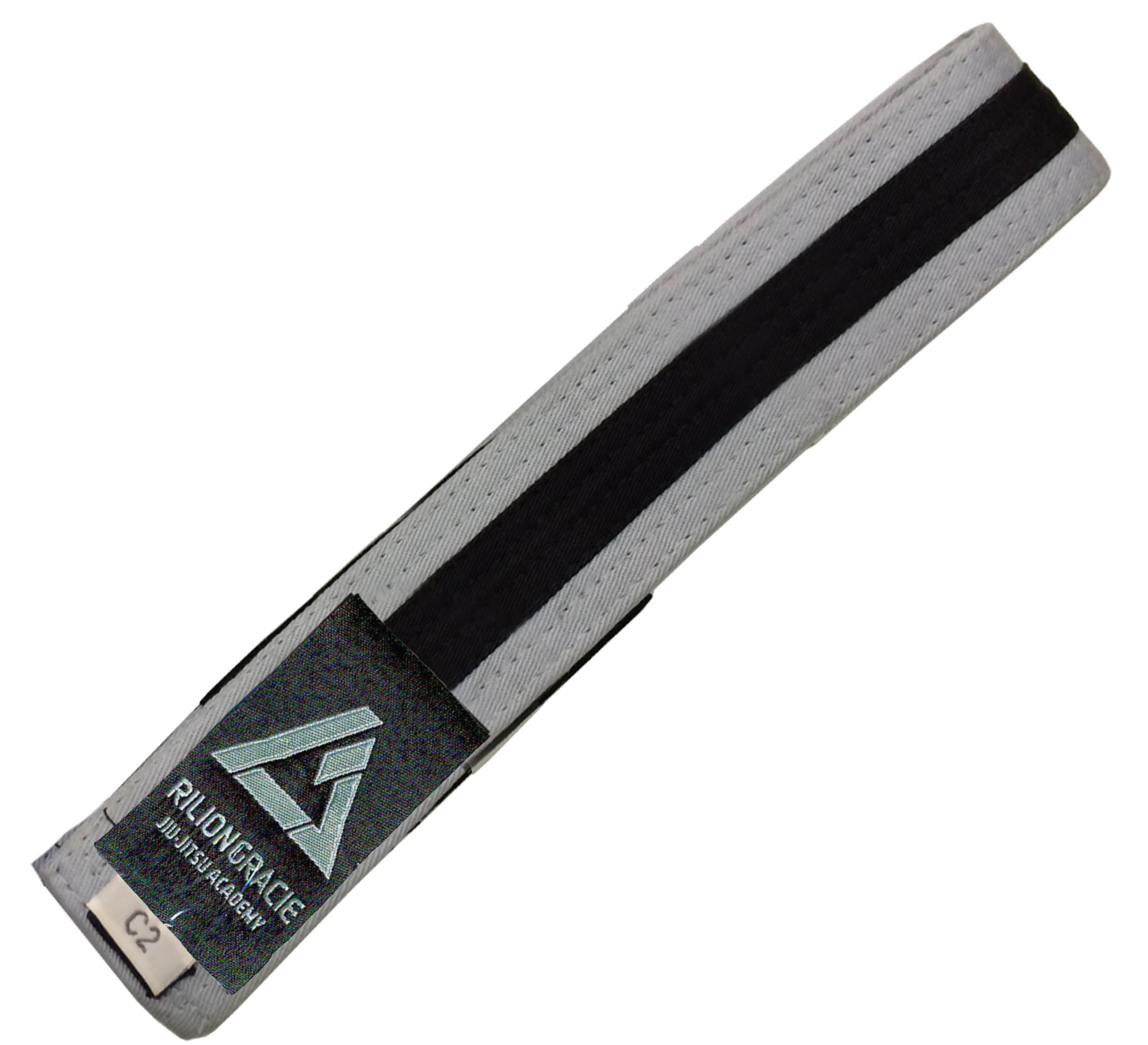 The Kids Rilion Gracie Belt Grey/Black features gray and black colors, a patch with the Rilion Gracie Jiu-Jitsu Academy logo, and a small C2 tag on one end.