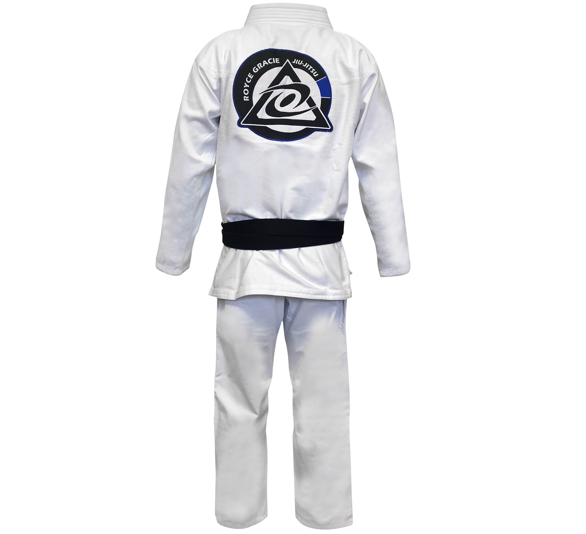 The Royce Gracie Original Pro Series Gi in white features a black belt and displays a large circular Gracie Jiu-Jitsu logo in black and blue on the upper back, as seen from the back.