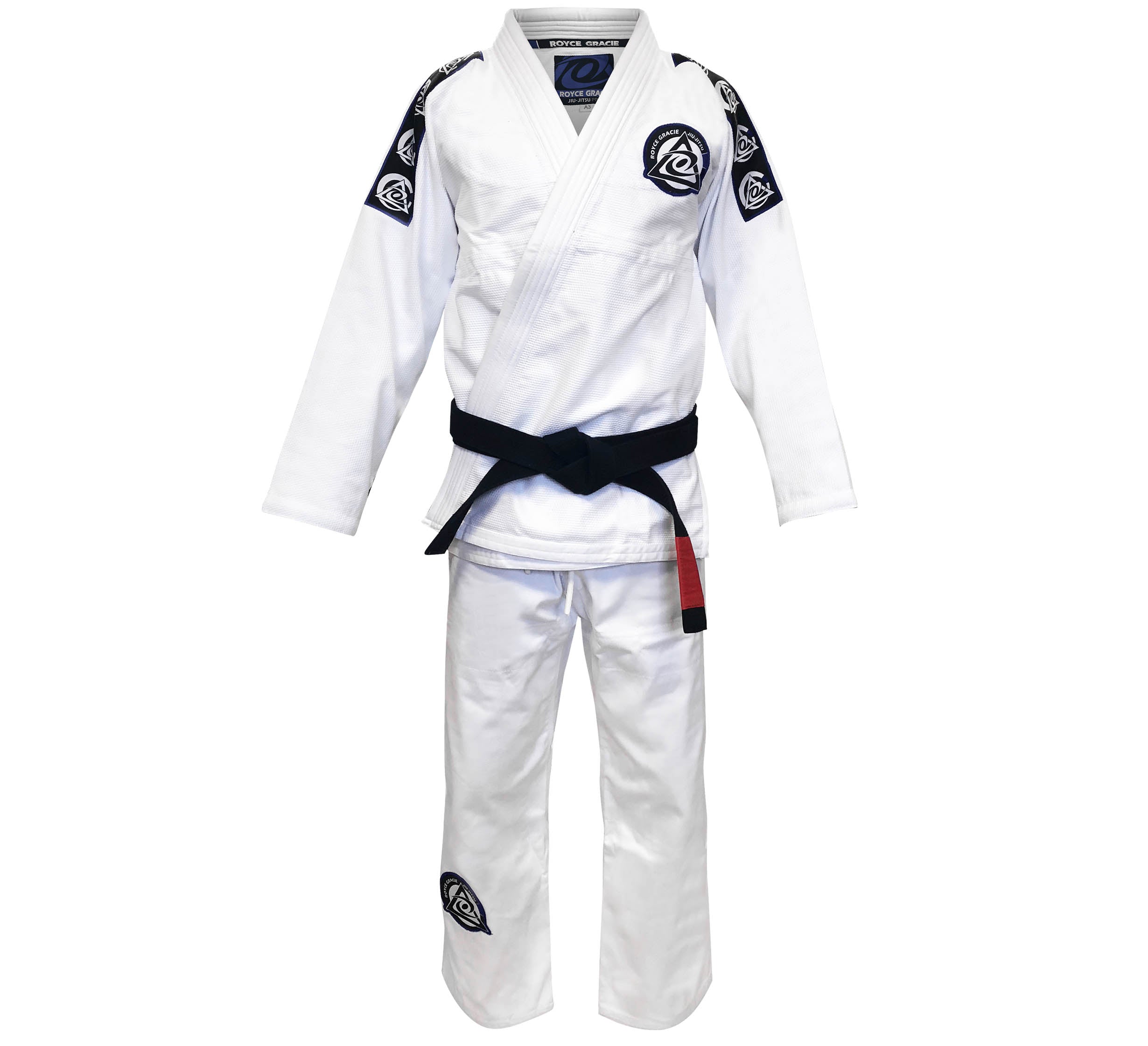 The Royce Gracie Original Pro Series Gi is a white Brazilian jiu-jitsu gi with black patches and a circular logo, shown on a hanger with a black belt tied around the waist.