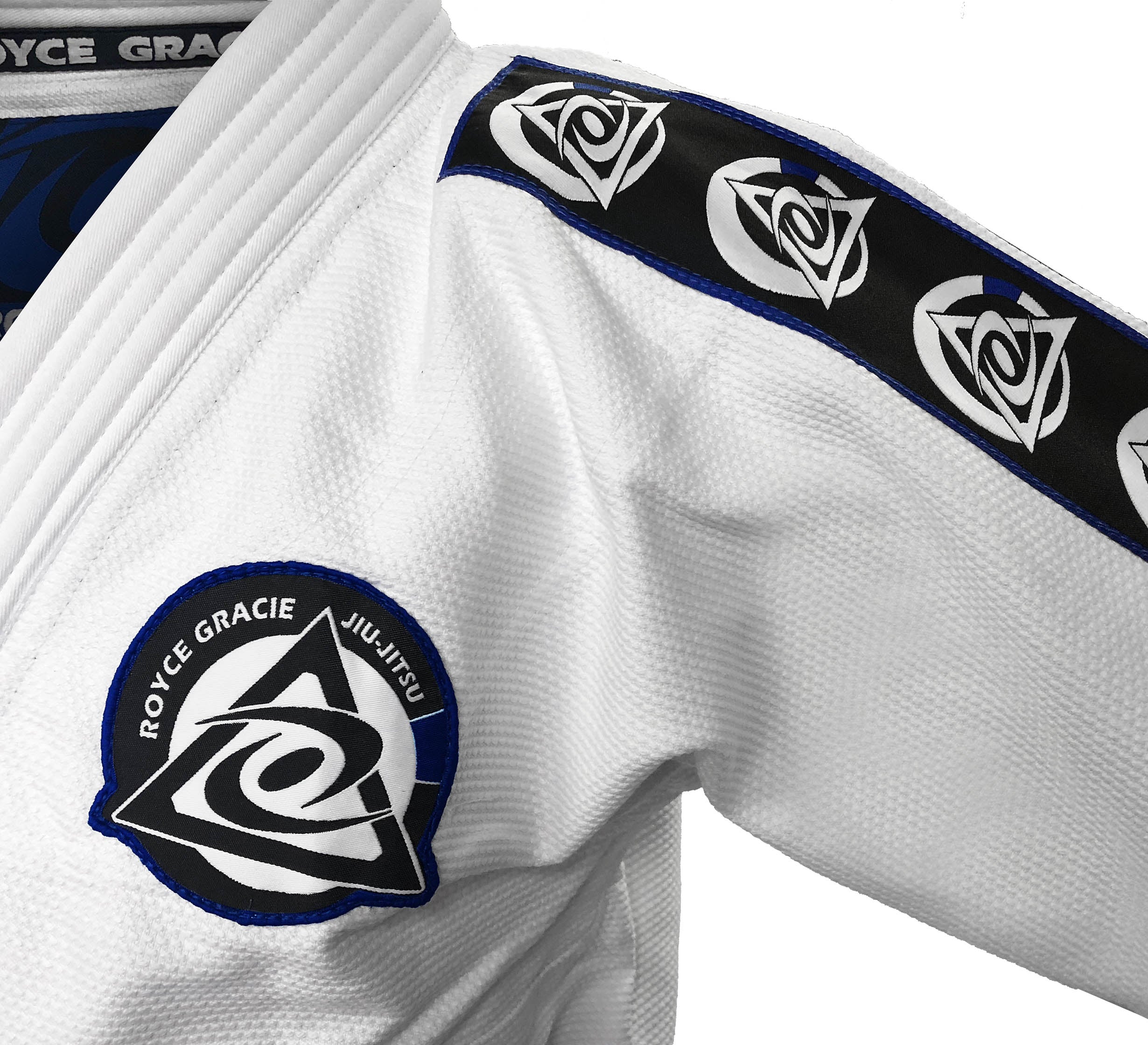 The Royce Gracie Original Pro Series Gi is a white Brazilian Jiu-Jitsu gi with black and blue patches and trim, featuring the Royce Gracie logo on the chest and shoulders.