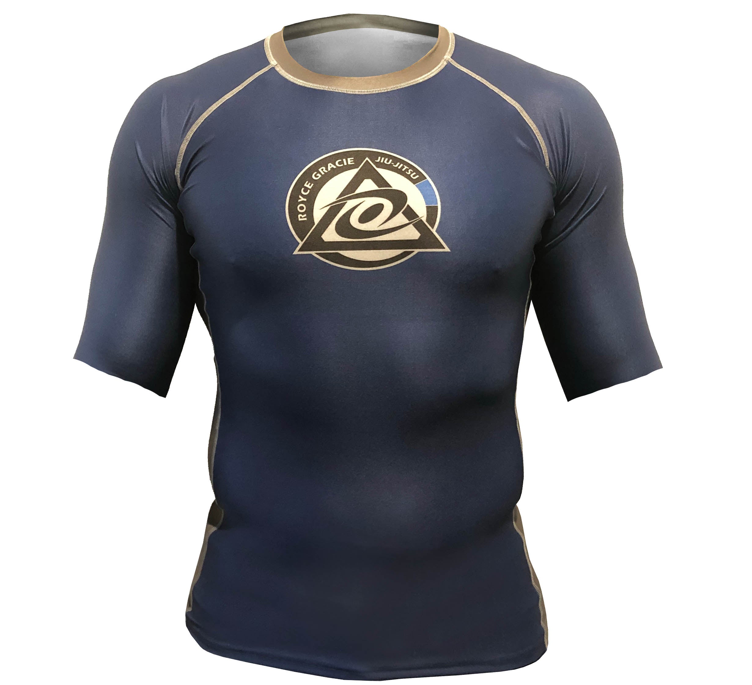 The Royce Gracie Short Sleeve Kids Rashguard is navy blue with beige stitching and a circular Royce Gracie Jiu-Jitsu logo on the chest, shown against a plain white background.