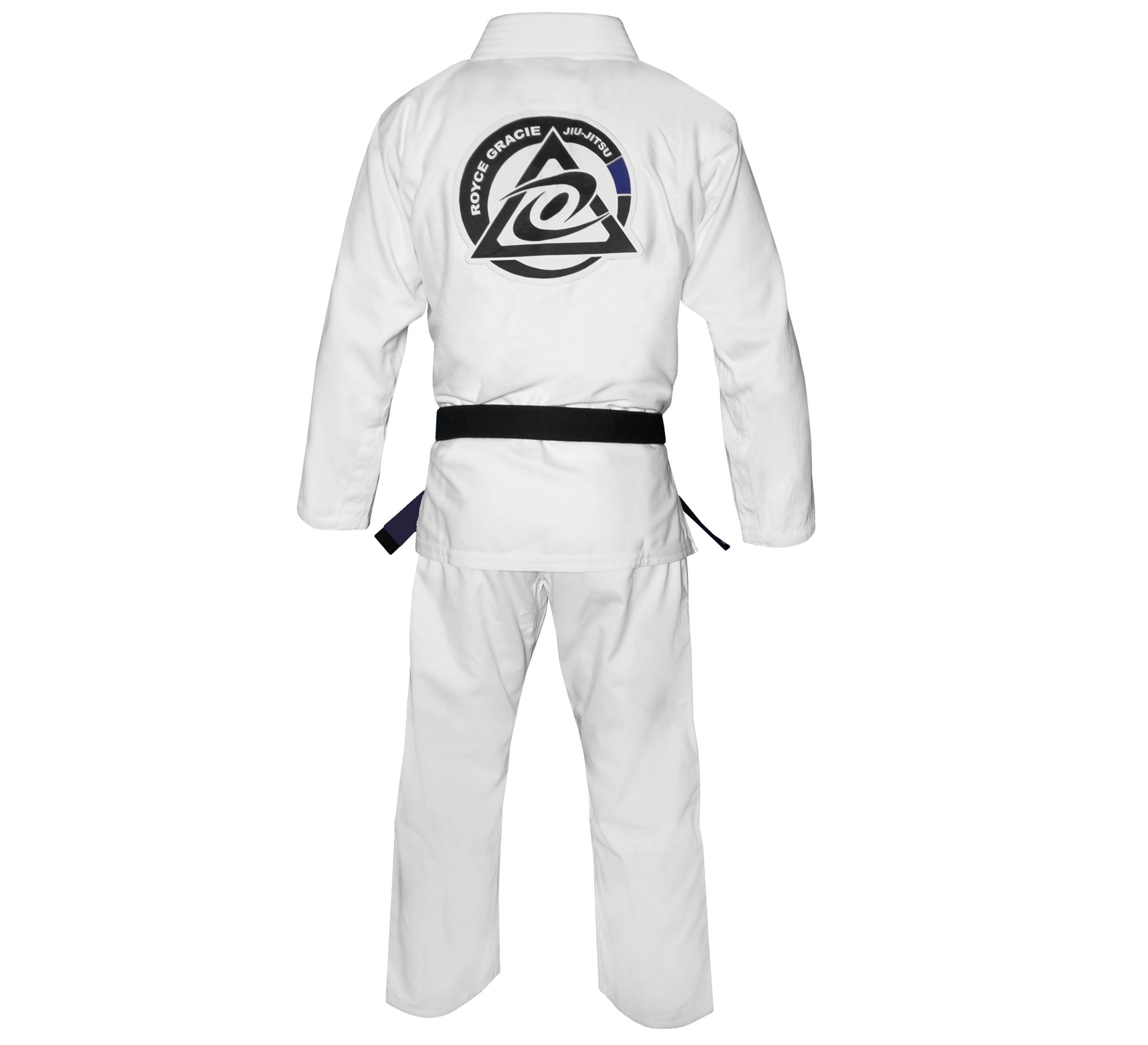 The Official Royce Gracie Kids BJJ Gi White, shown from the back, features a black belt and a large "Royce Gracie Jiu-Jitsu" logo on the upper back of the jacket.