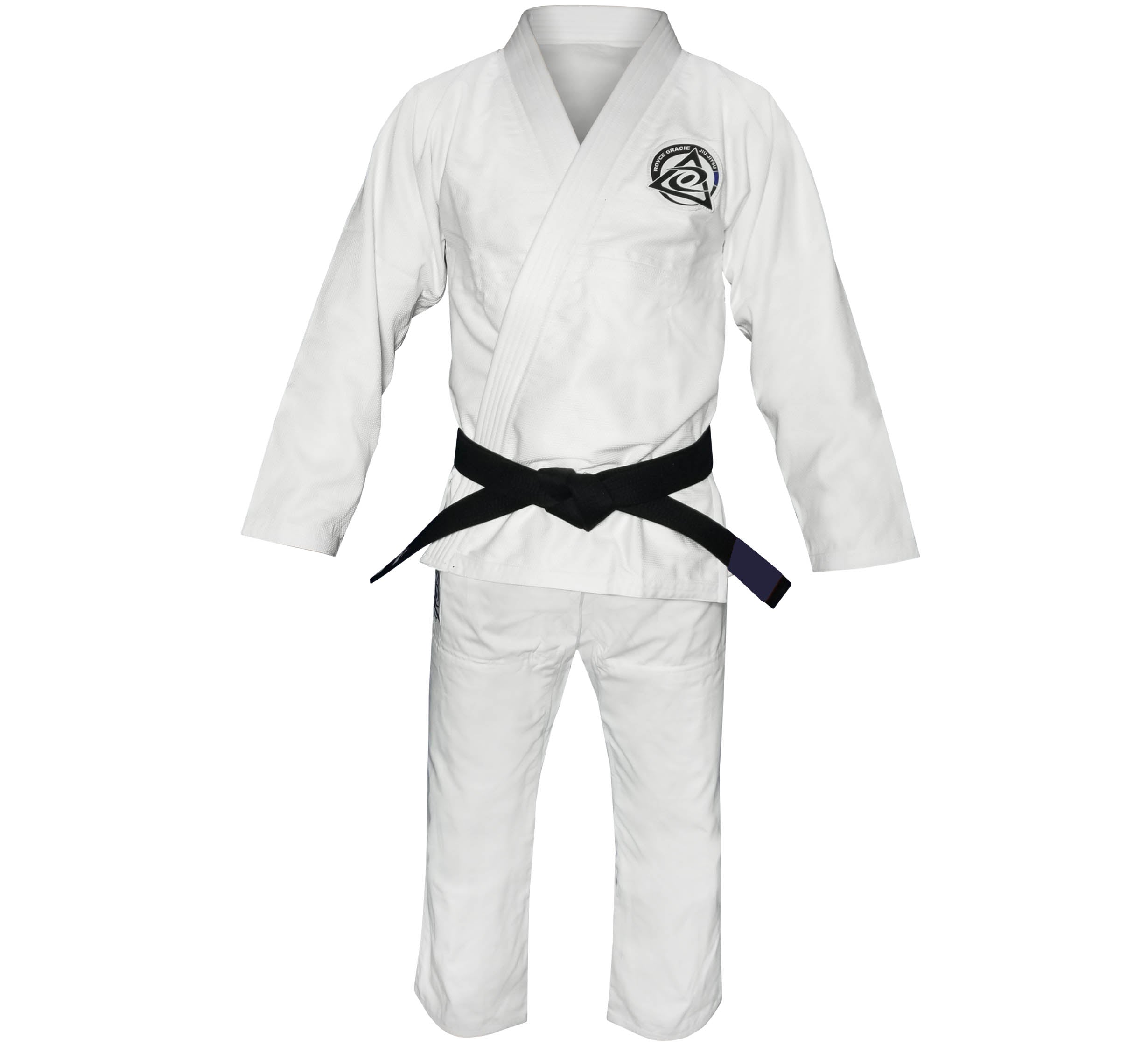The Official Royce Gracie BJJ Gi White, featuring a black belt and left chest logo, is displayed on an invisible mannequin against a white background.