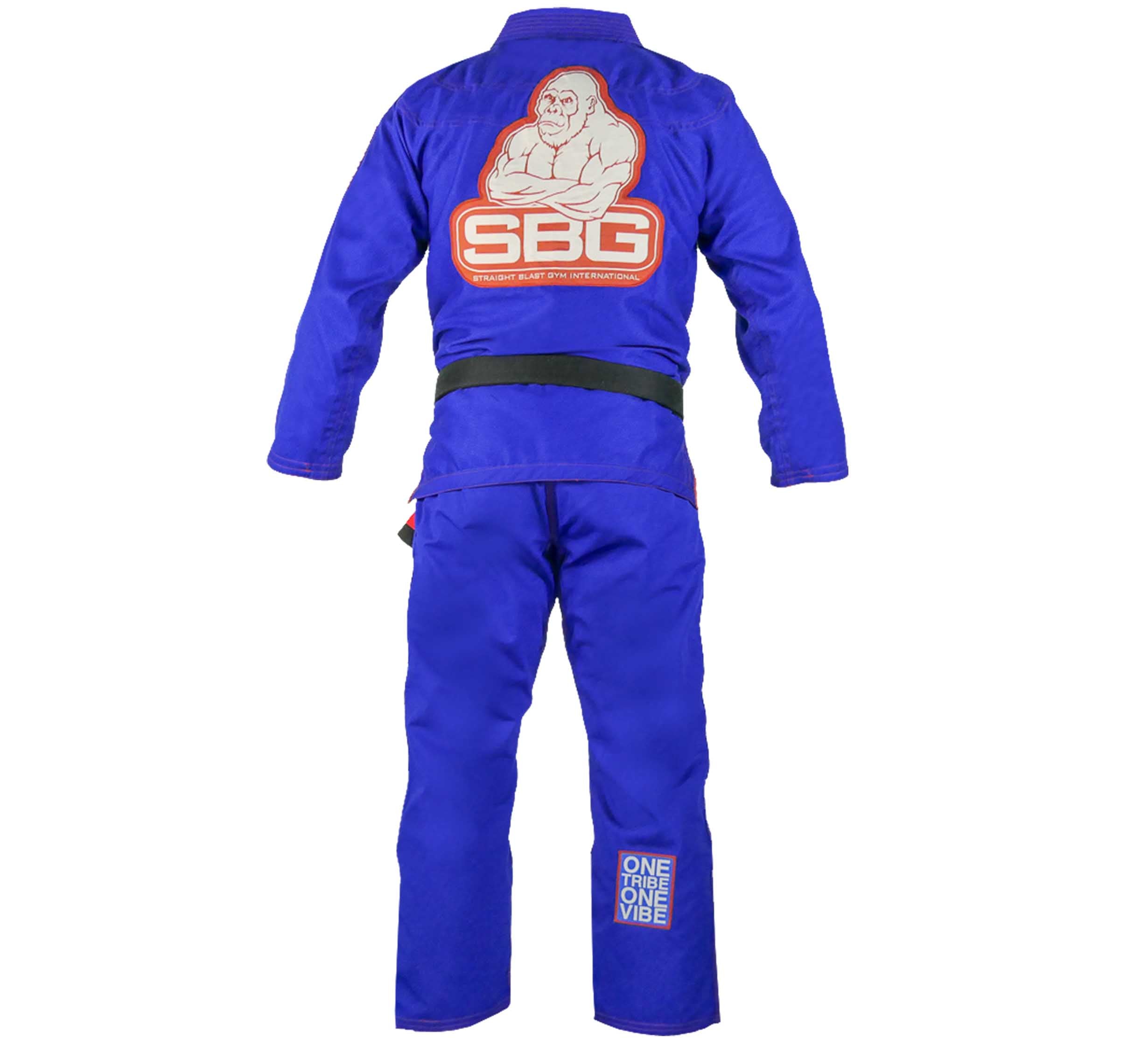 A person wears the SBG One Tribe Blue Super Lite Gi, shown from the back. The gi displays a large orangutan logo and SBG on the upper back, with "ONE VIBE ONE TRIBE" on the lower right pant leg.