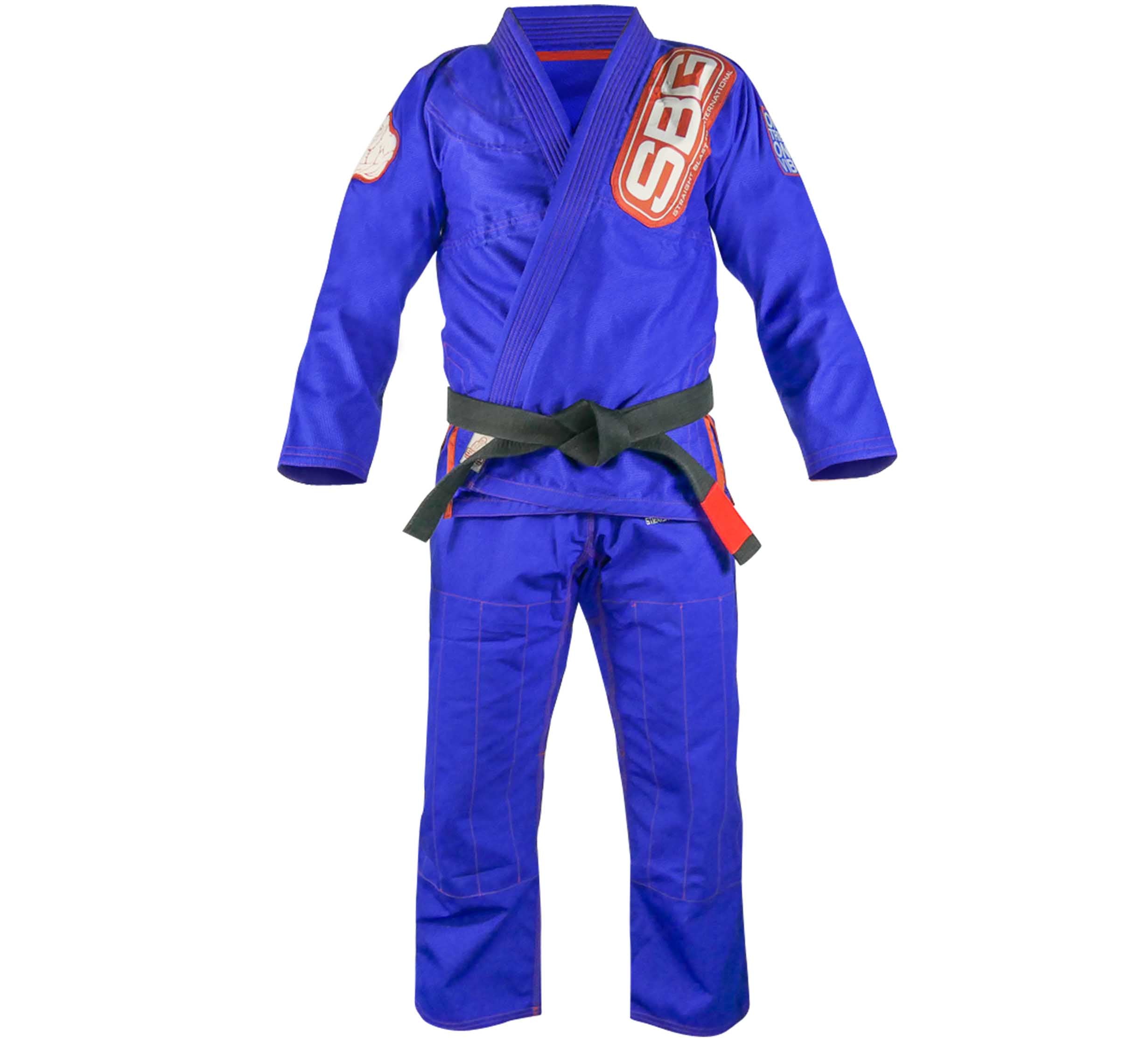 The SBG One Tribe Blue Super Lite Kids Gi, featuring red and white patches, is shown on a mannequin with a black belt tied at the waist.