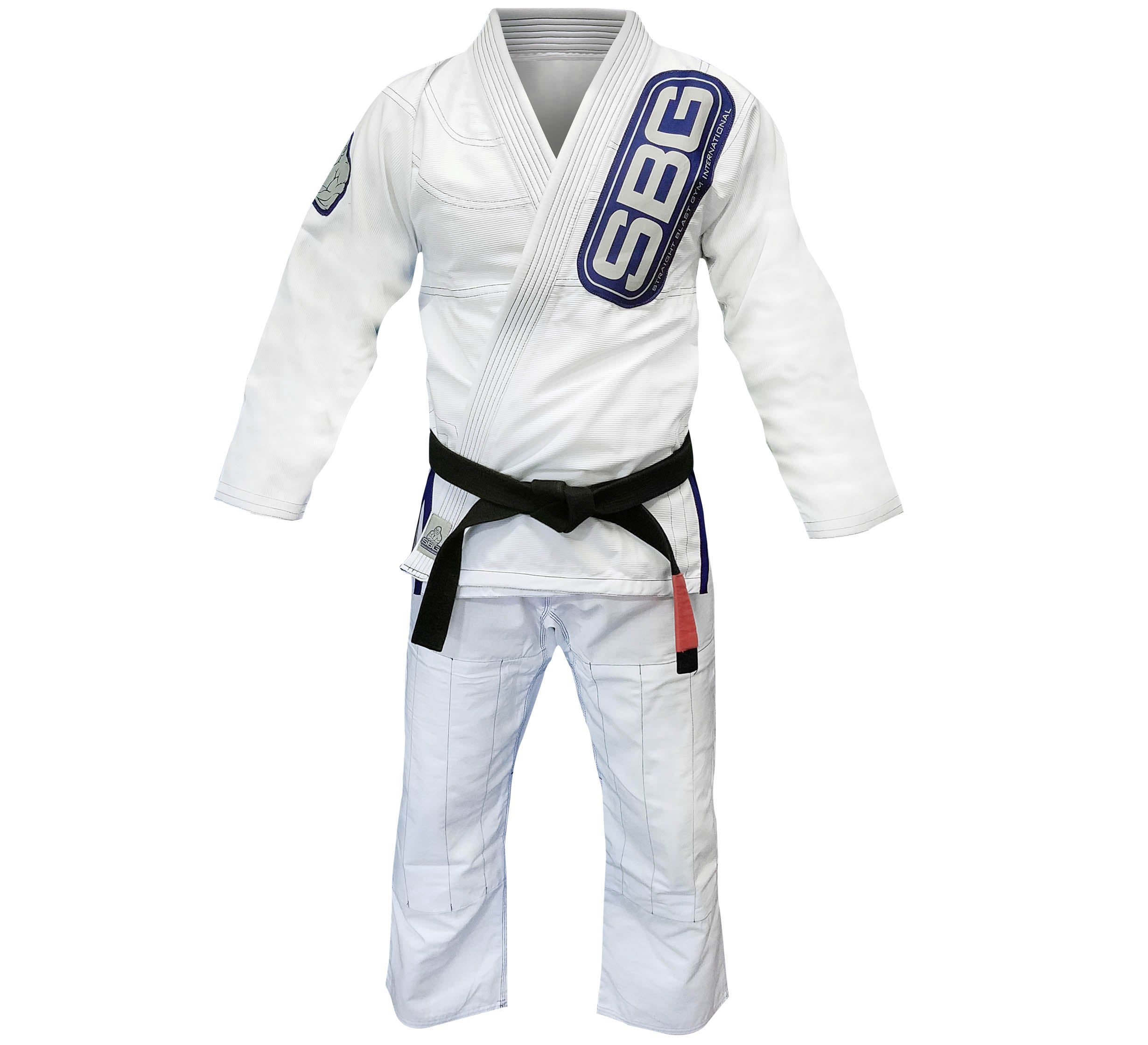 The SBG Super Lite Kids Gi is a white Brazilian Jiu-Jitsu uniform with blue and gray SBG patches on the jacket, shown upright without a wearer. Suitable for kids, it is pictured here with a black belt.