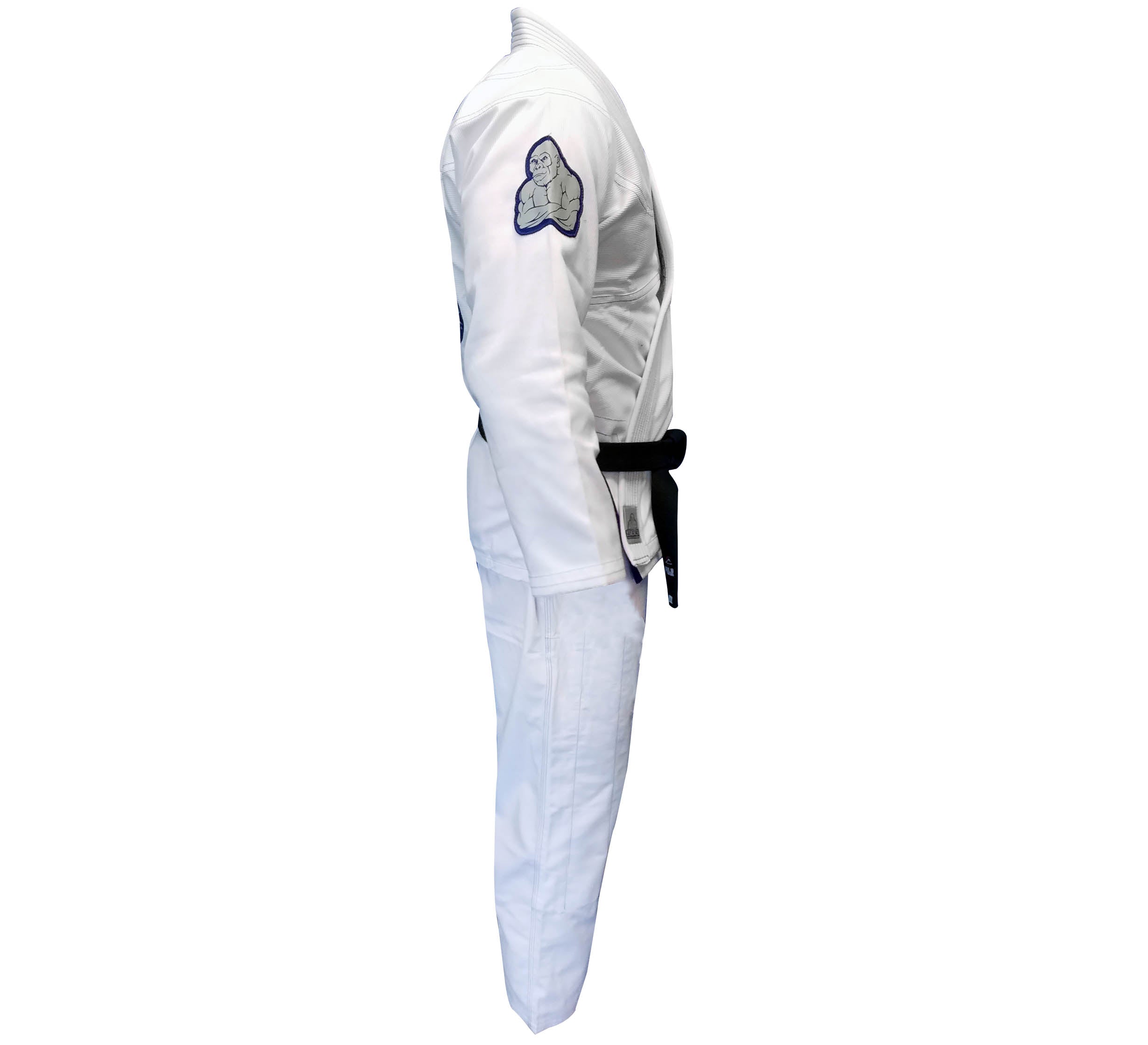 A person in profile wears the SBG Super Lite Gi, featuring a black belt and an upper sleeve patch, isolated on a white background.