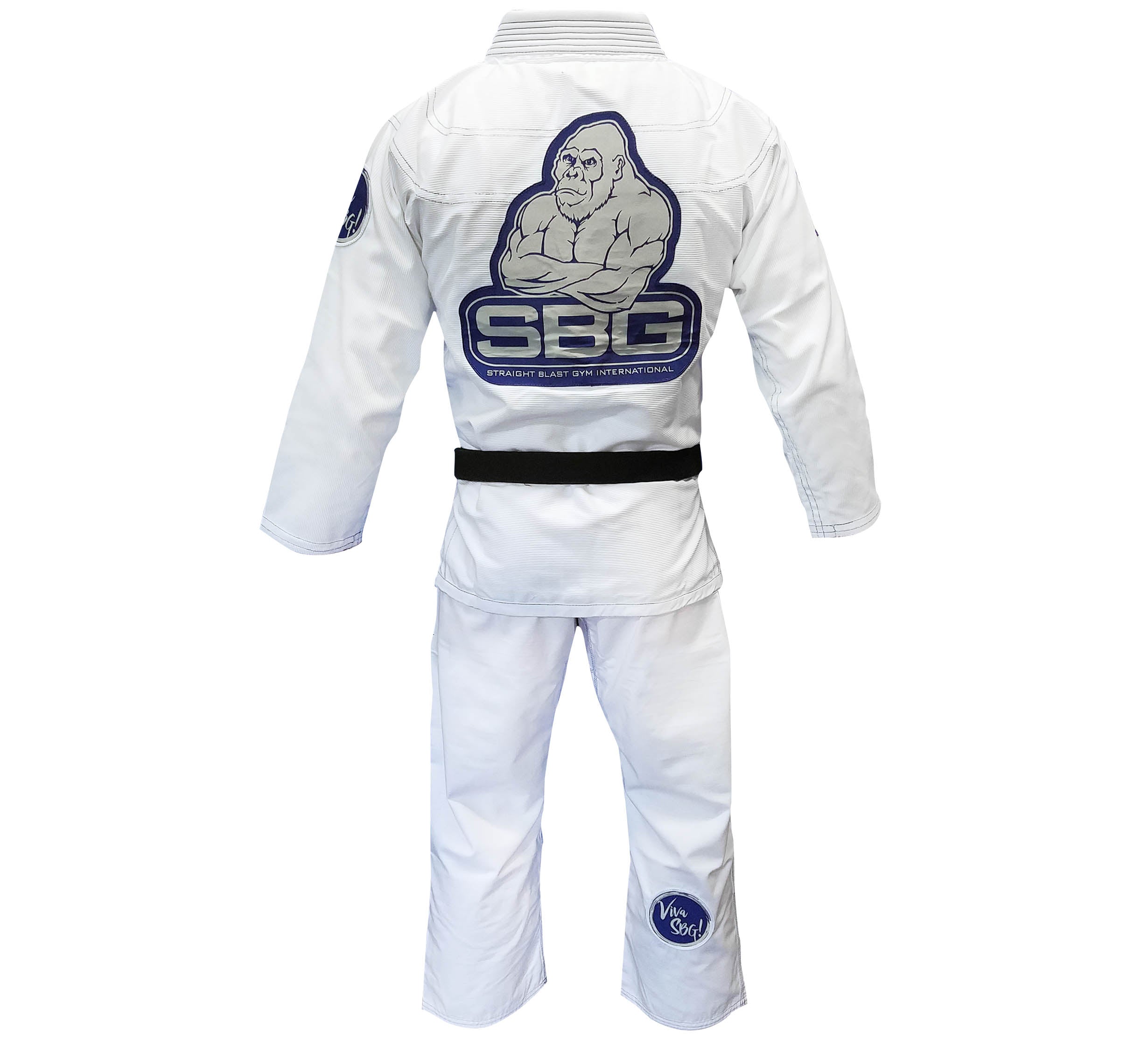 The SBG Super Lite Womens Gi, shown from the back, features a large gorilla graphic and SBG lettering on the jacket, a black belt, and a round patch on the left leg.
