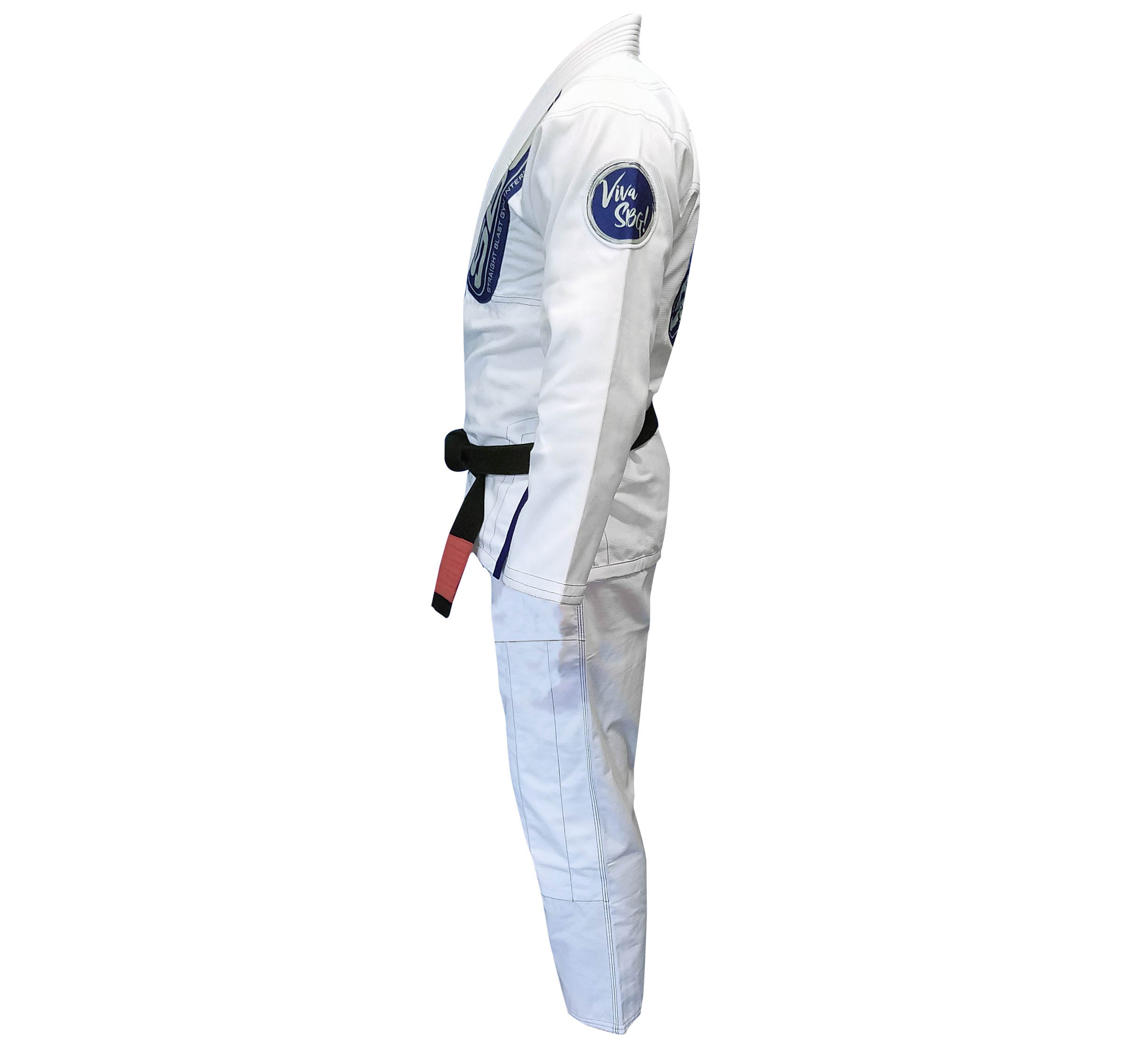 The SBG Super Lite Gi is a white Brazilian Jiu-Jitsu gi with a black belt, featuring blue and black patches on the shoulder and arm, plus red detailing on the belt. Shown from the side against a plain white background.