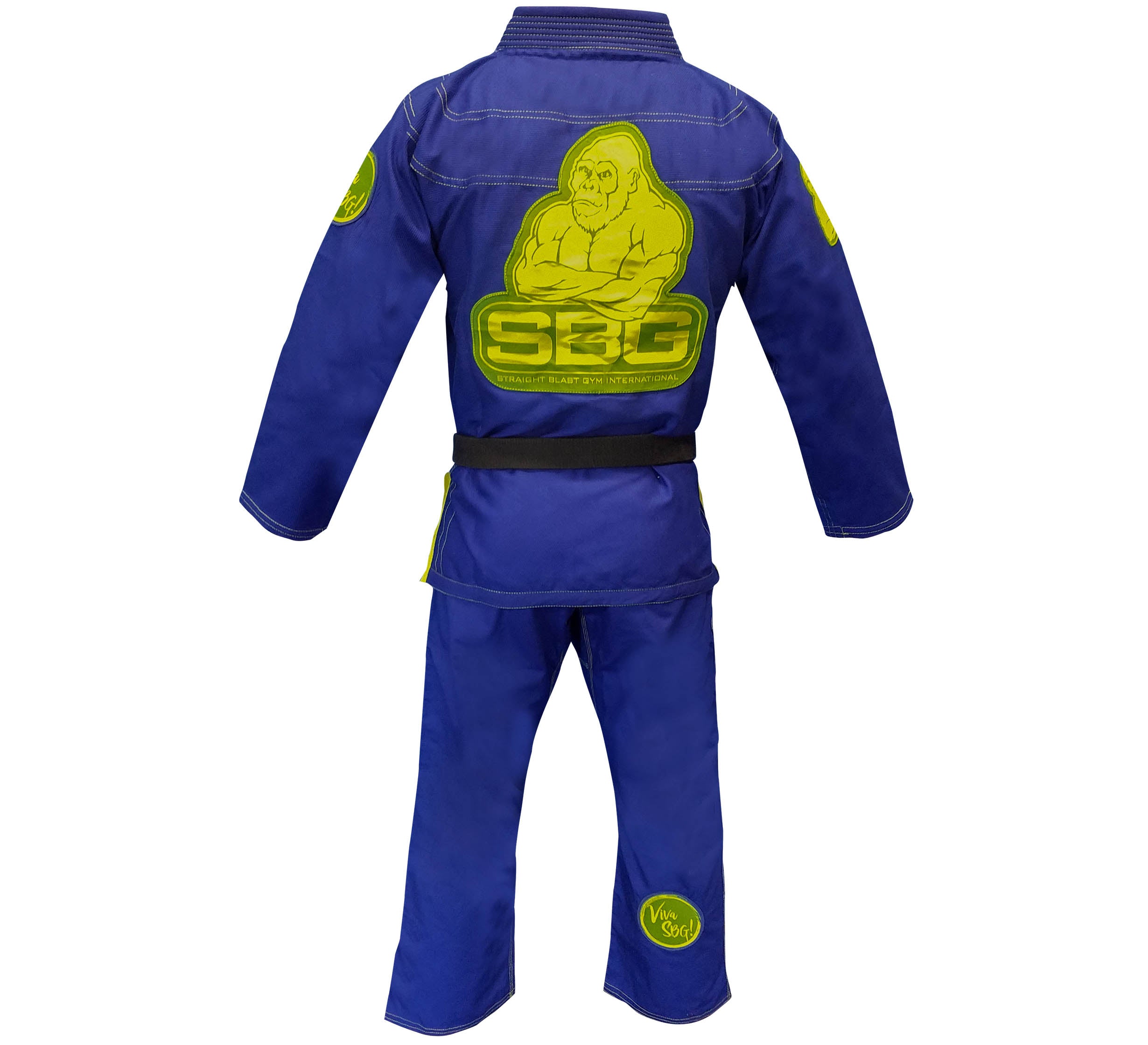 The SBG Super Lite Womens Gi is a blue Brazilian Jiu-Jitsu uniform with yellow-green patches, showing a muscular gorilla and SBG letters on the back. The set includes both jacket and pants, displayed from the rear view.