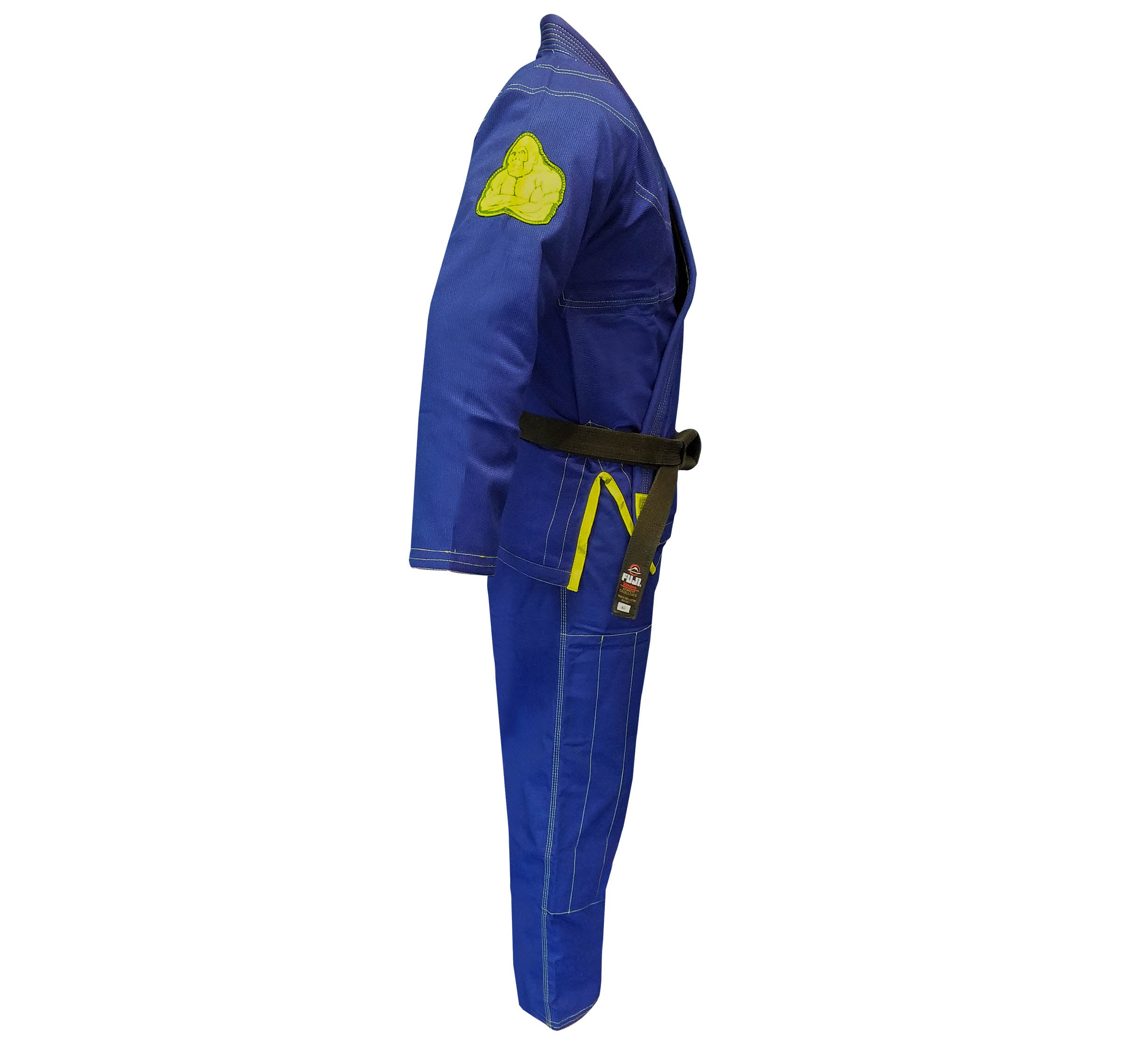 The SBG Super Lite Kids Gi, a blue Brazilian Jiu-Jitsu uniform with yellow stitching and patches, is displayed on a mannequin wearing a black belt, shown from the side.