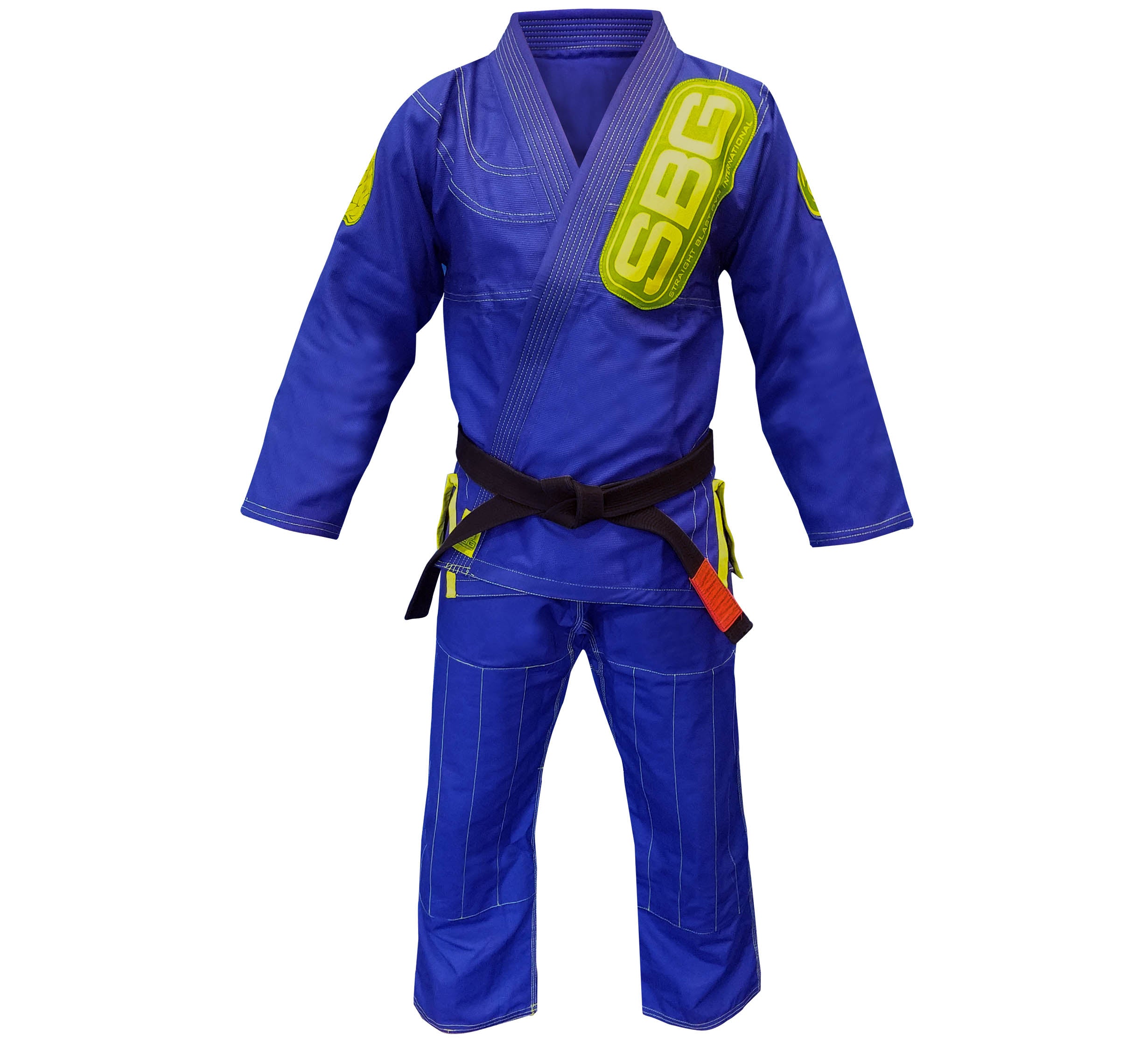The SBG Super Lite Kids Gi is a blue Brazilian Jiu-Jitsu uniform with a black belt, yellow SBG lettering on the left chest, and yellow shoulder patches, shown against a white background.