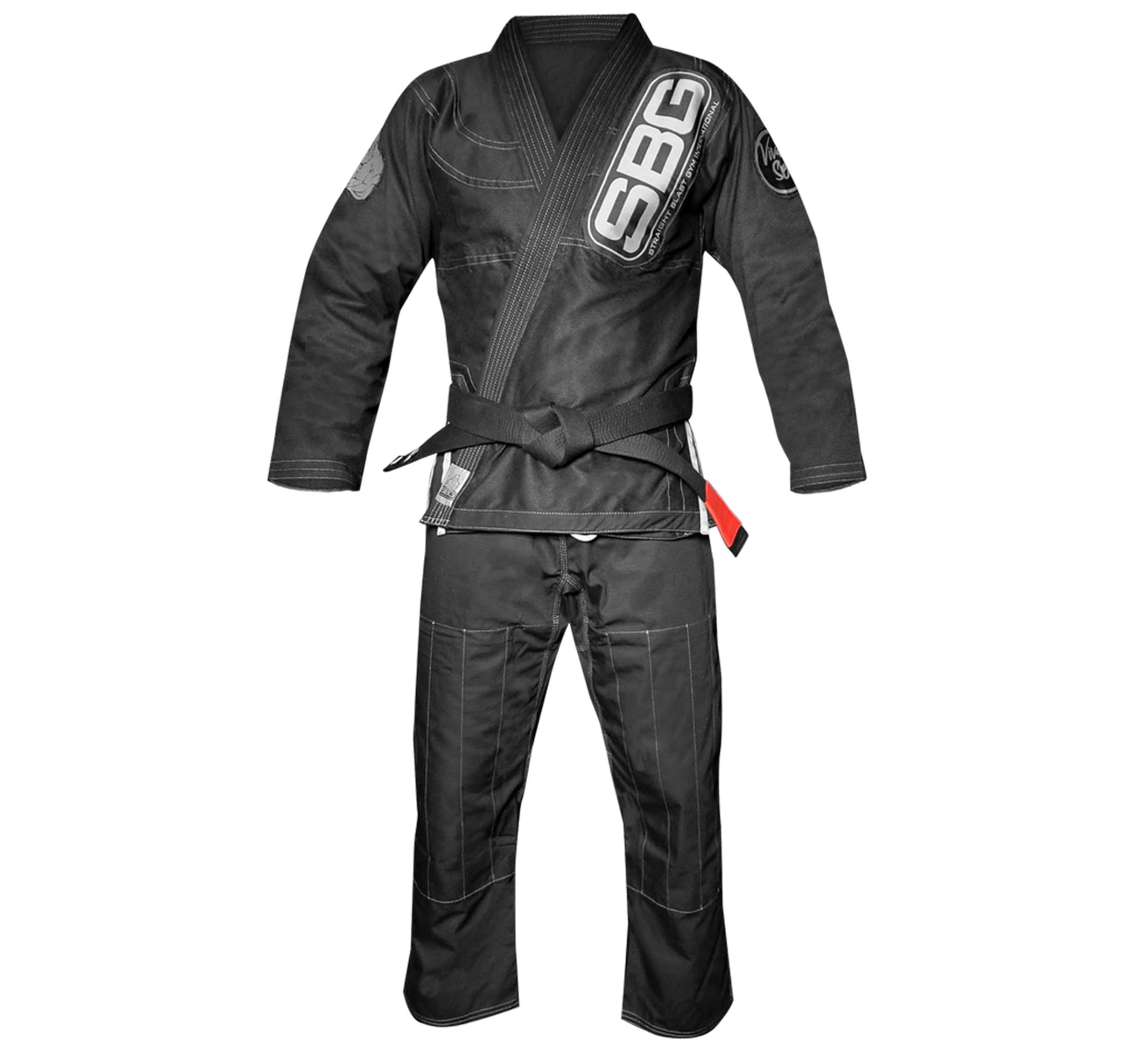 The SBG Super Lite Gi is a black Brazilian Jiu-Jitsu gi with a black belt, featuring the SBG logo on the left chest and sleeve patches, displayed on a white background.