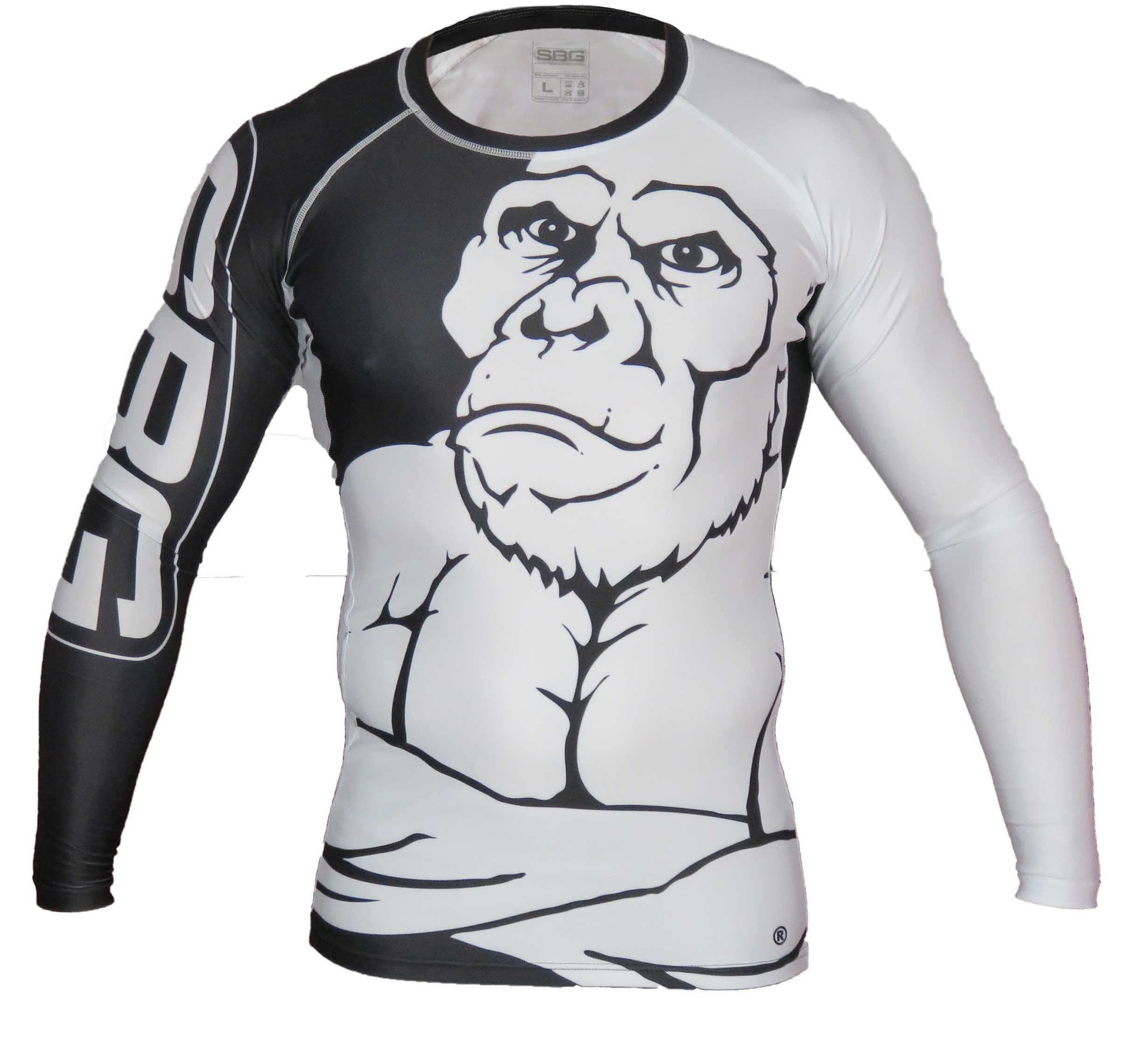 The SBG Long Sleeve Ranked Rashguard features a bold black and white muscular gorilla graphic on the front and SBG branding on one sleeve.