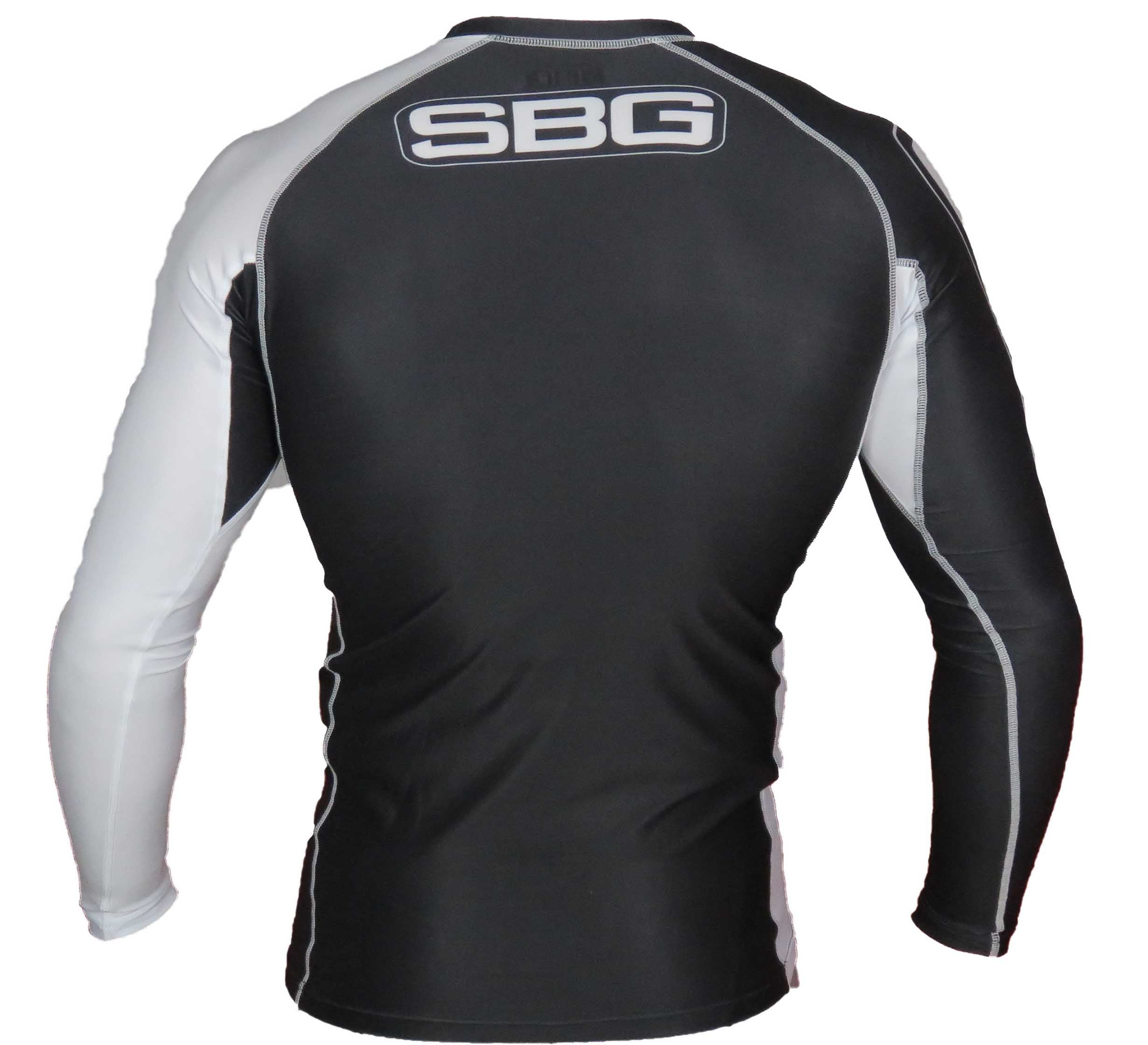 The SBG Long Sleeve Ranked Rashguard is a black and white athletic shirt with "SBG" in bold white letters on the upper back near the shoulders, shown from the back.