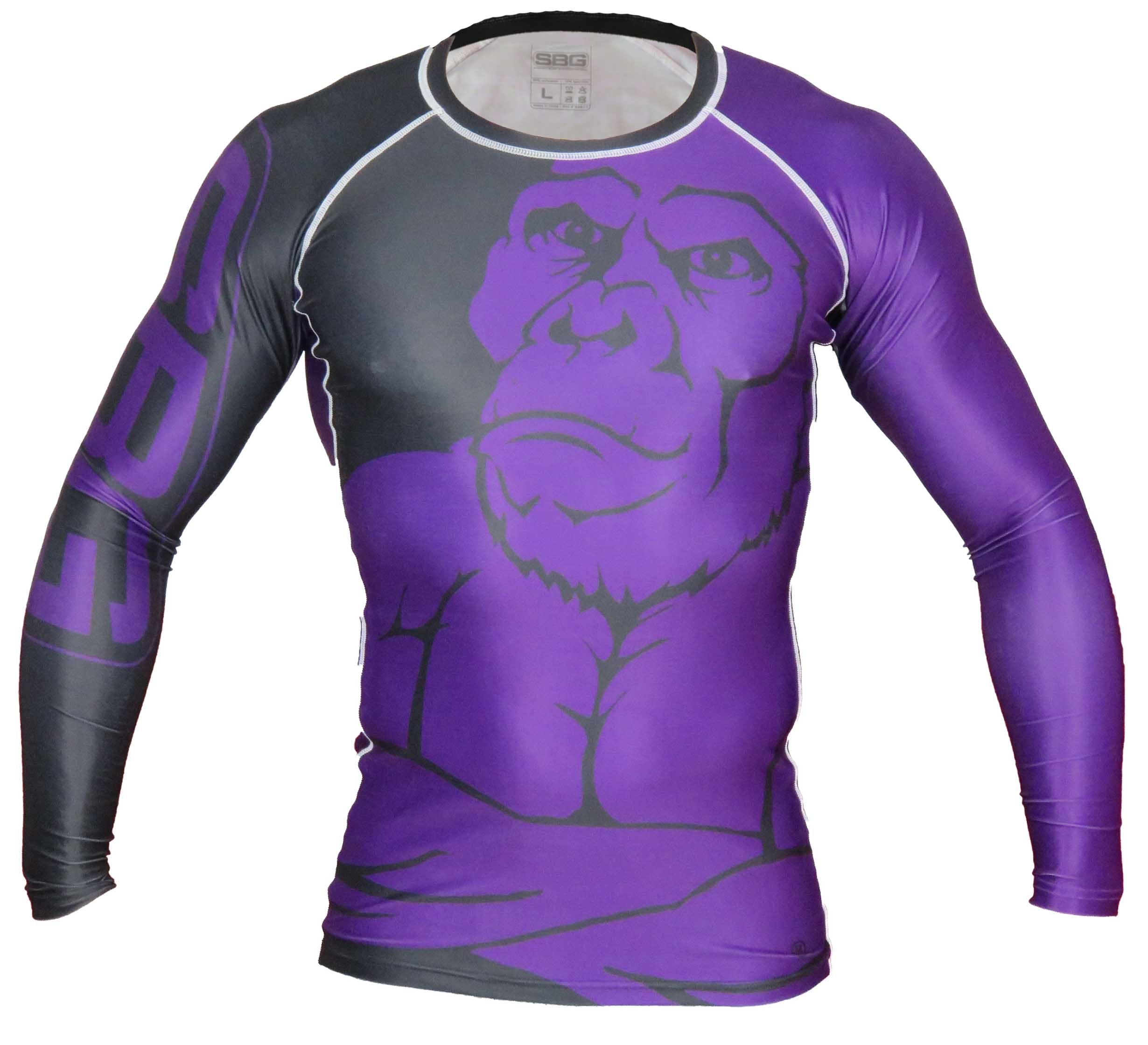 The SBG Long Sleeve Ranked Rashguard is a form-fitting athletic top with black-and-purple sleeves, SBG lettering on one arm, and a bold purple gorilla graphic on the front.