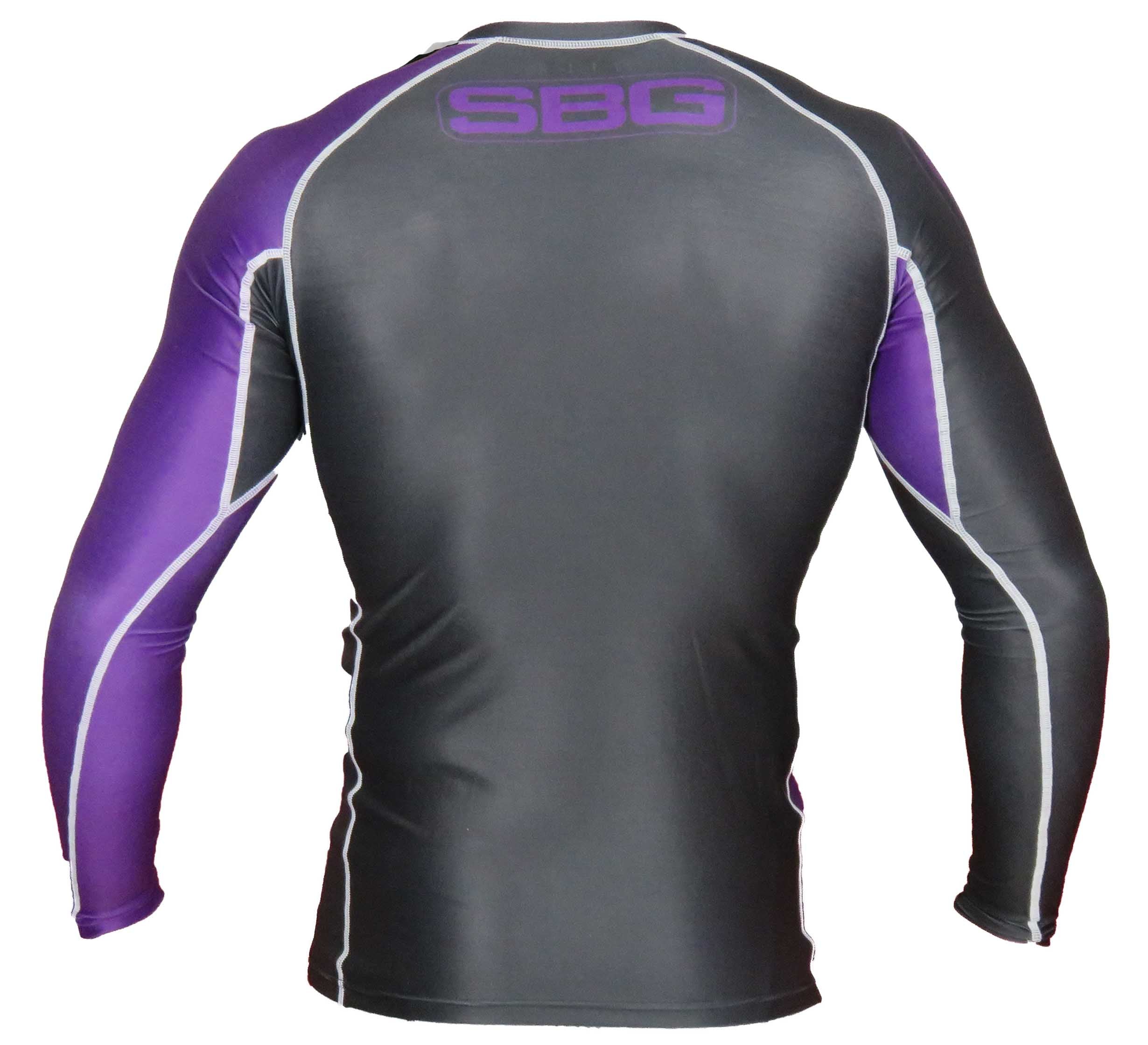 The SBG Long Sleeve Ranked Rashguard features a primarily black design with purple and white accents. Displayed from the back, "SBG" is printed in purple on the upper back near the neckline.