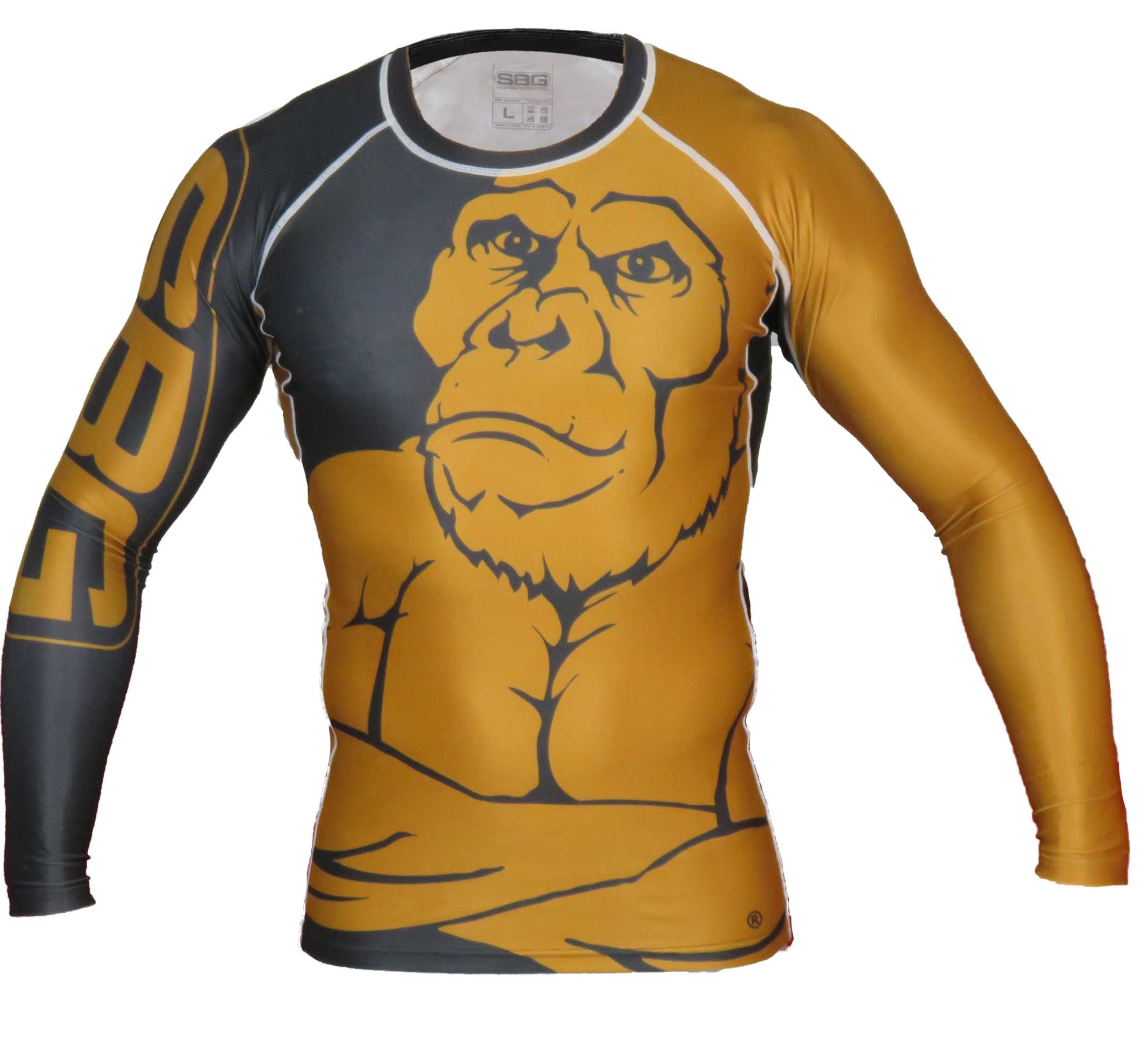 The SBG Long Sleeve Ranked Rashguard is an athletic shirt with a bold gold and black gorilla graphic with folded arms and "SBG" lettering on the left sleeve.