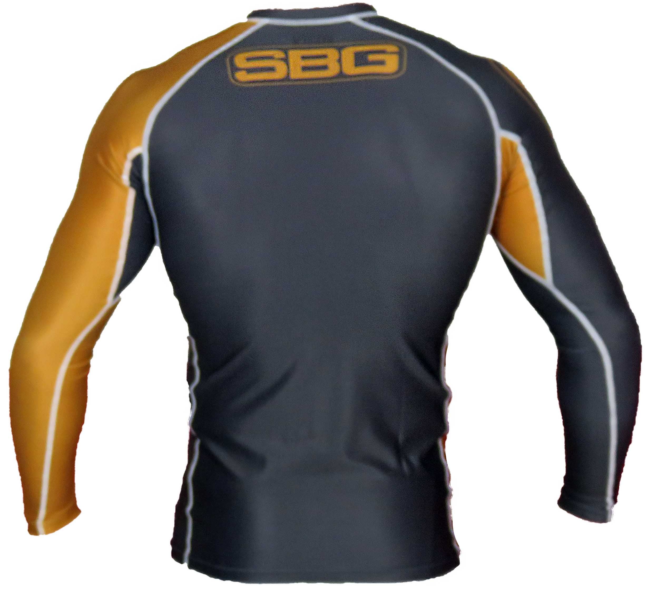 The SBG Long Sleeve Ranked Rashguard is a fitted athletic top featuring black and gold panels, white seam accents, and bold SBG lettering on the upper back, designed for a sleek look from behind.