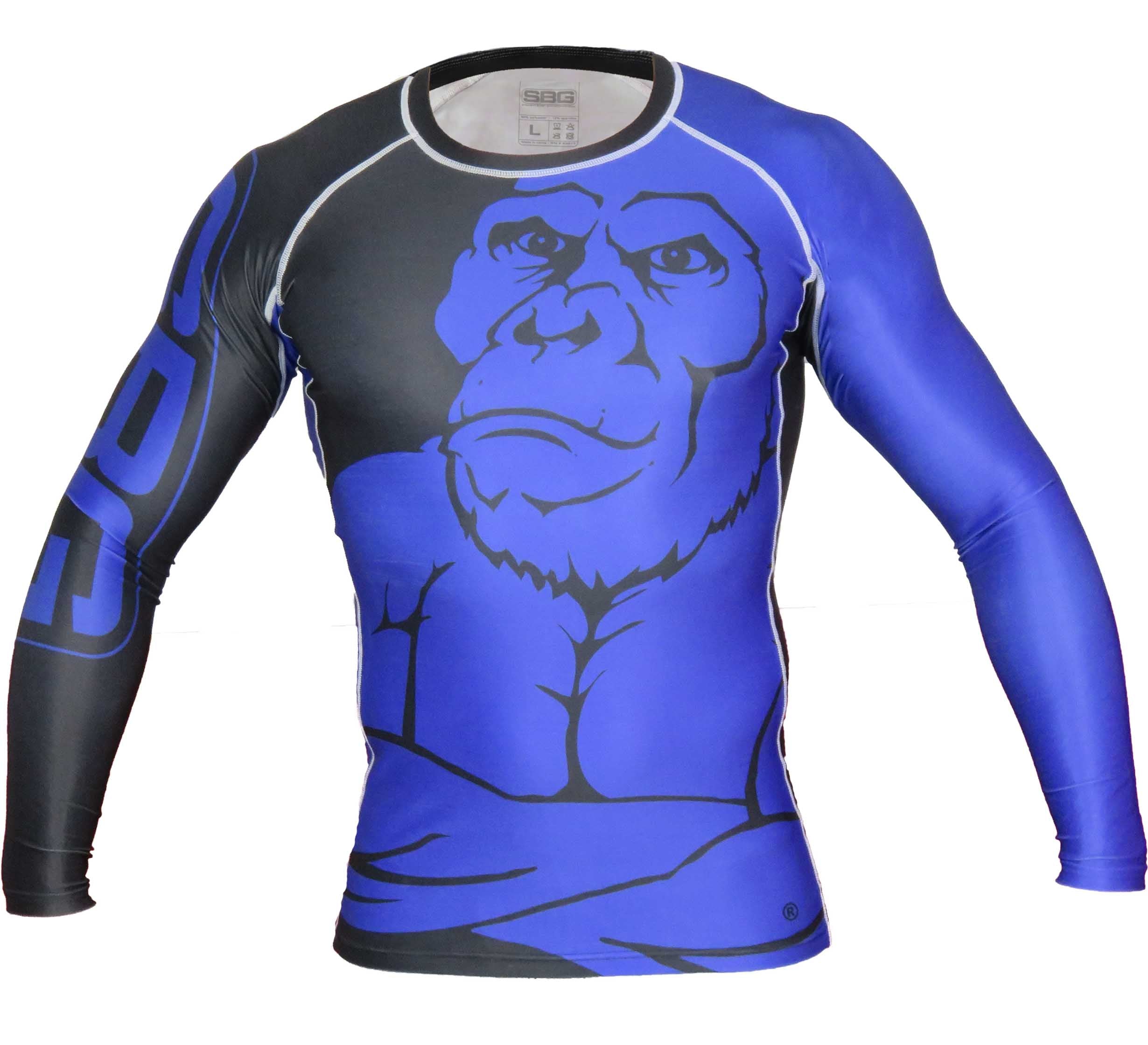 The SBG Long Sleeve Ranked Rashguard is a blue and black grappling top featuring a bold, stylized gorilla with crossed arms on the front.