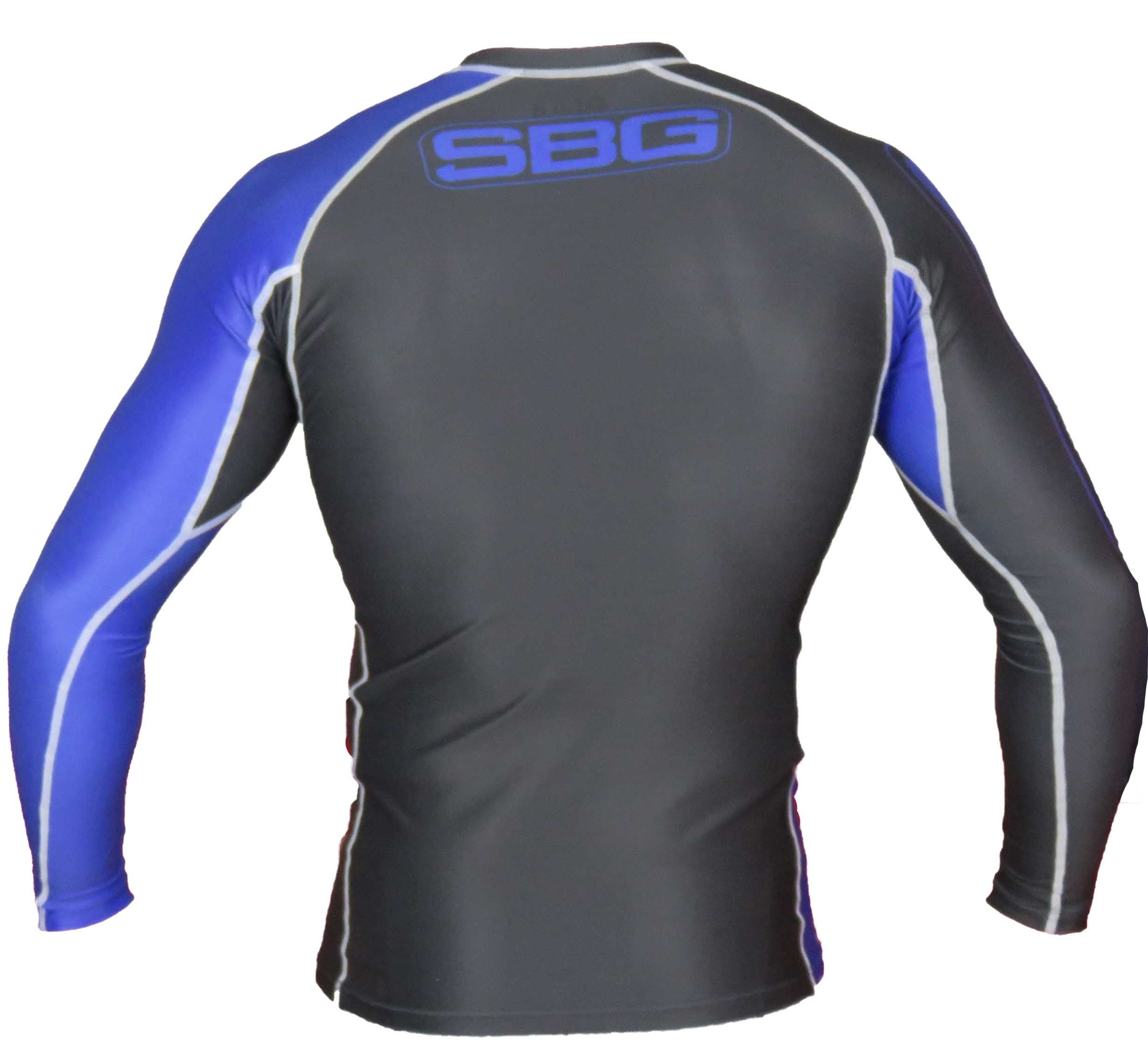 The SBG Long Sleeve Ranked Rashguard is a black and blue compression shirt with gray stitching, seen from the back. "SBG" appears in blue on the upper back.