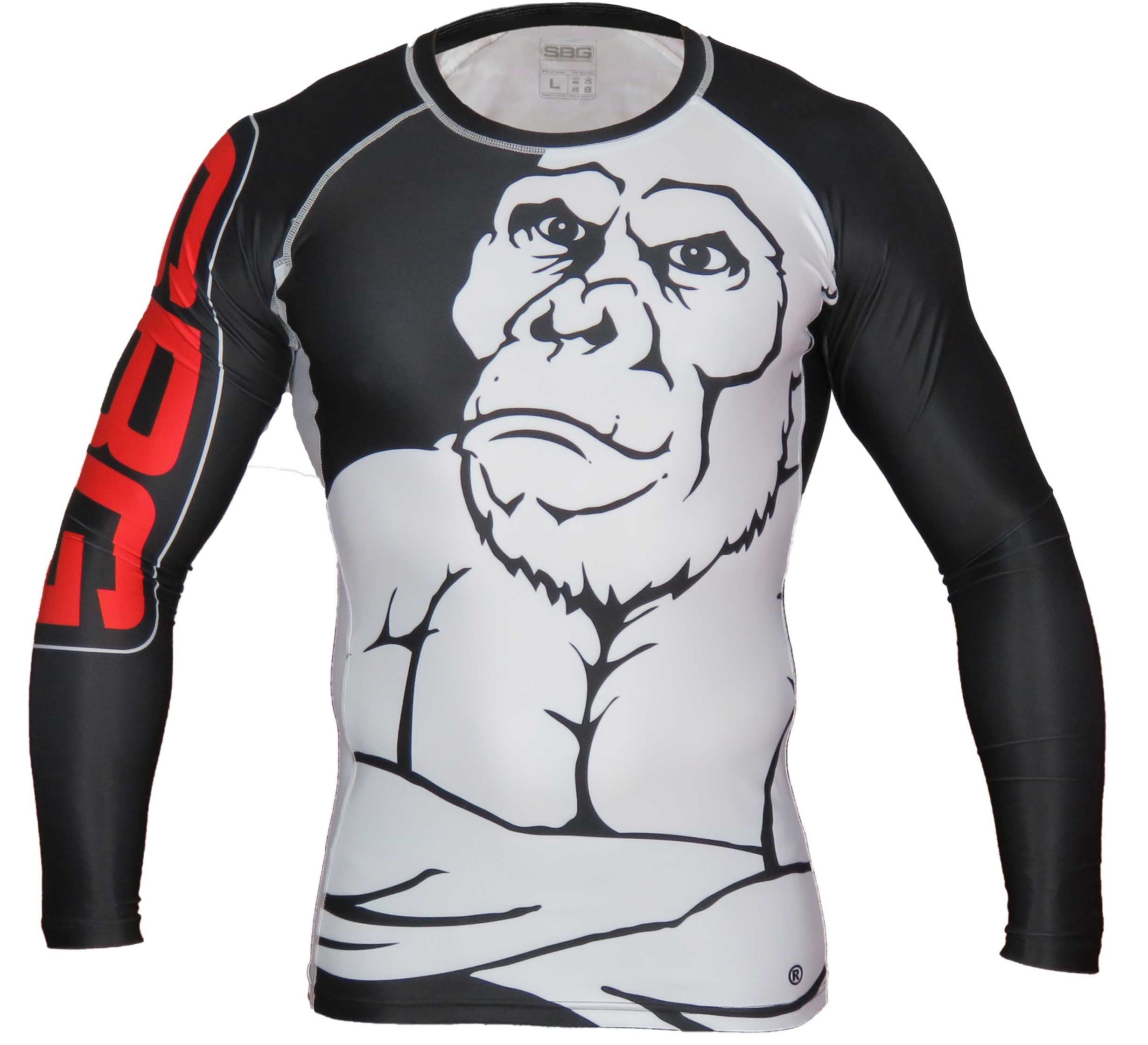 The SBG Long Sleeve Ranked Rashguard is a black and white athletic shirt with a large muscular gorilla graphic on the front and red "SBG" lettering on the upper right sleeve.