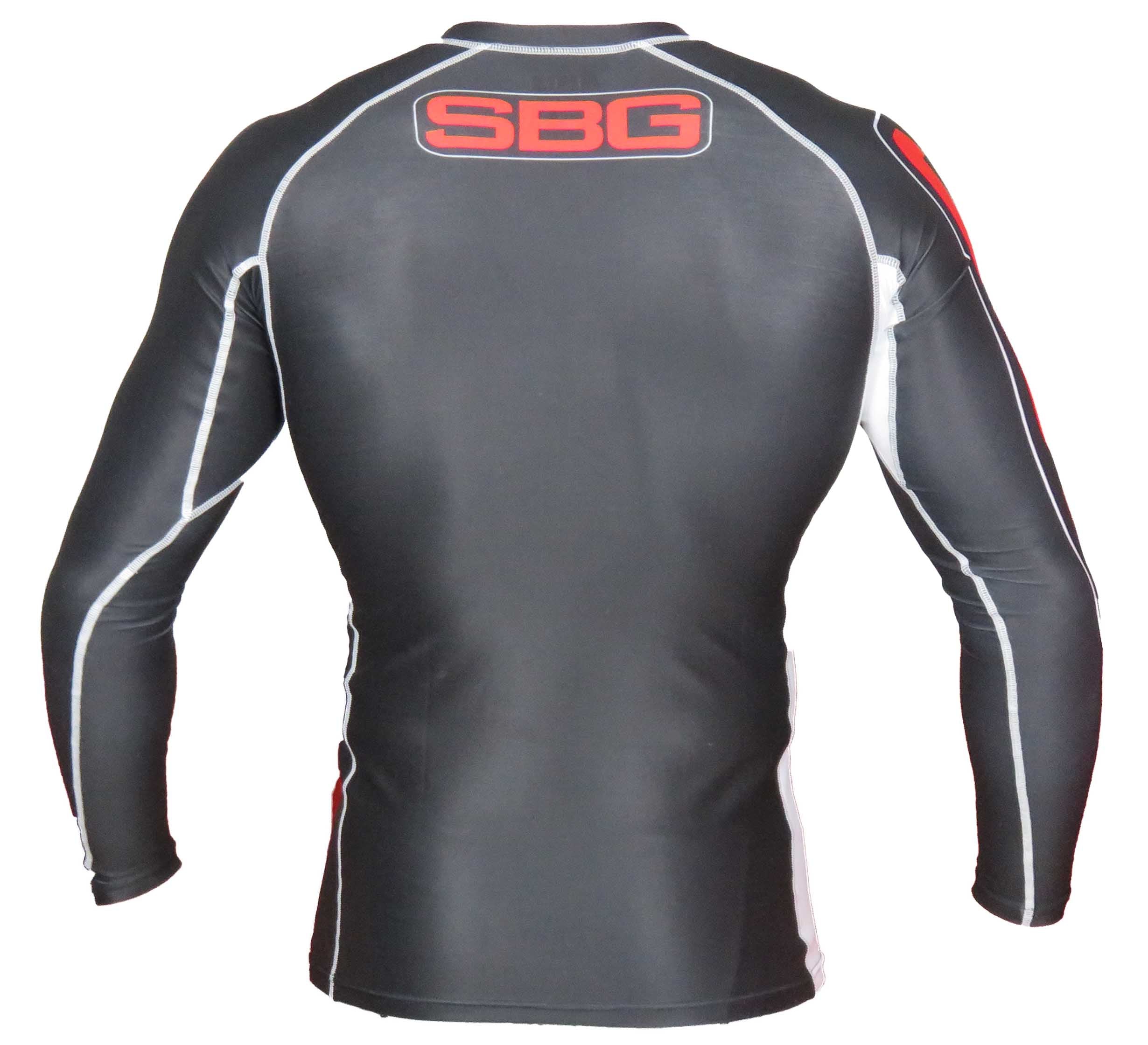 The SBG Long Sleeve Ranked Rashguard is black with white and red accents. Viewed from the back, it features a red SBG logo inside a rectangular patch on the upper back.