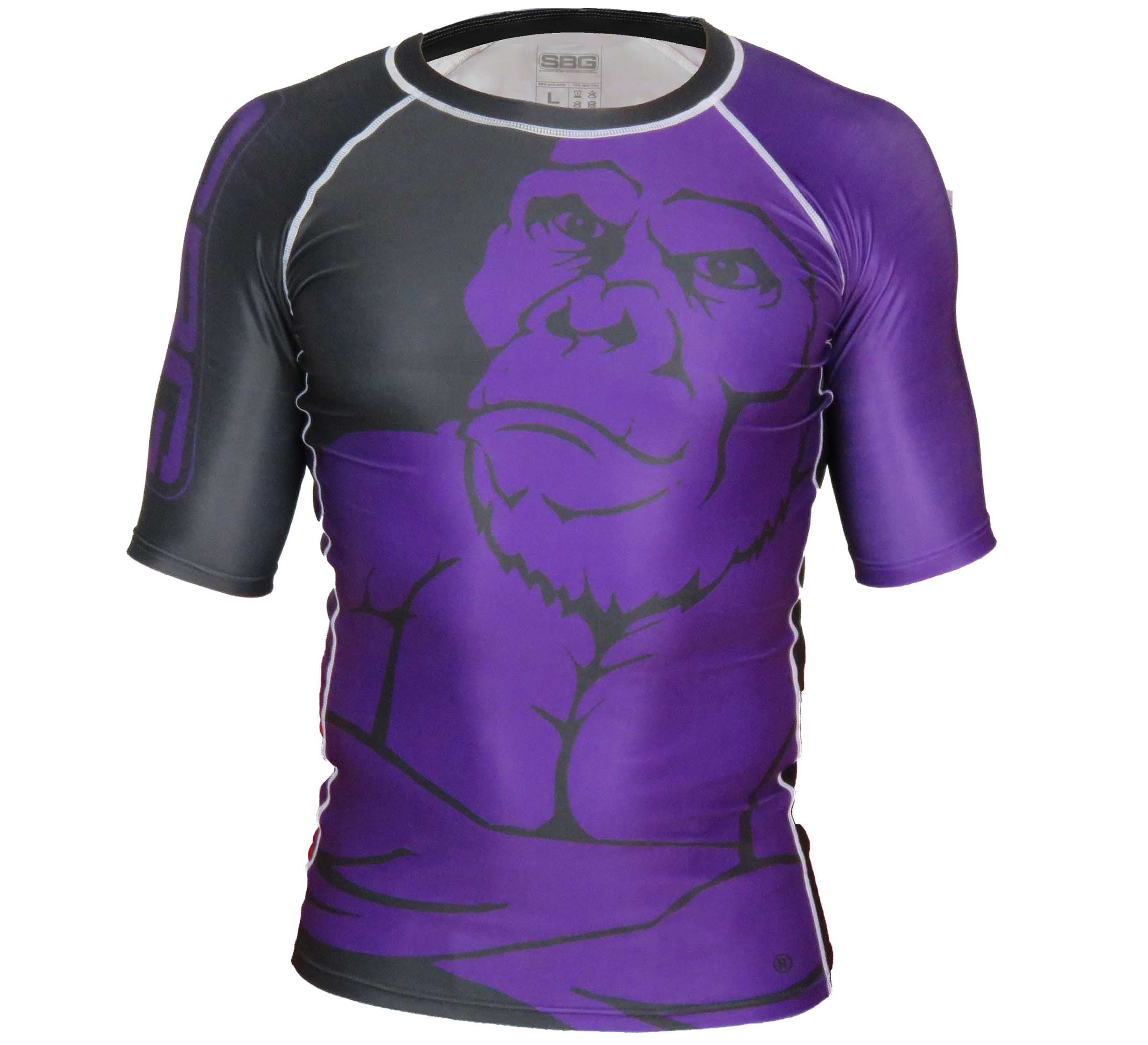 The SBG Short Sleeve Ranked Rashguard features a fitted design, black and white accents, and a bold, stylized purple gorilla graphic on the front.