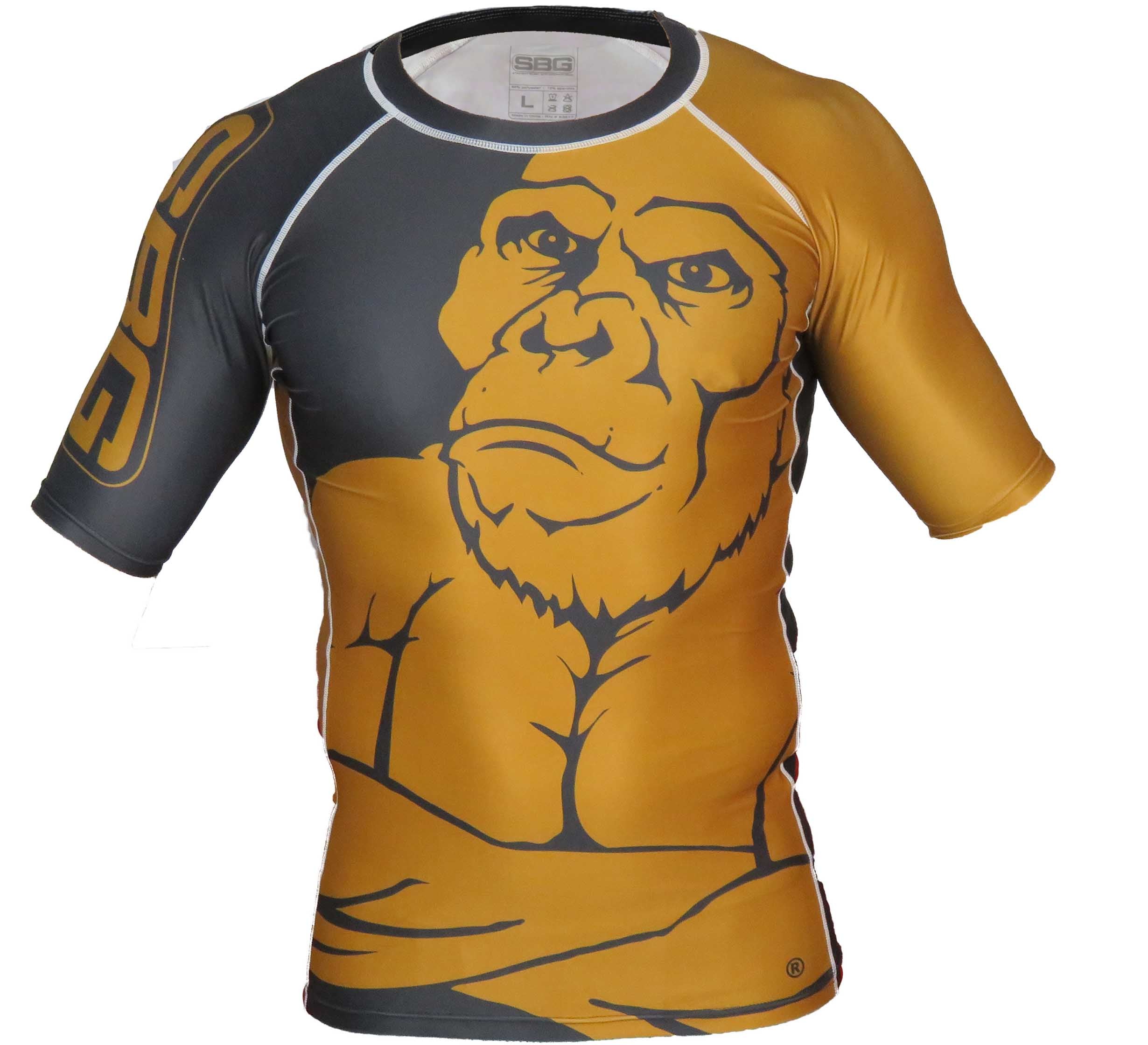 The SBG Short Sleeve Ranked Rashguard features a bold orange and black gorilla face and torso design, plus SBG lettering on the right sleeve.