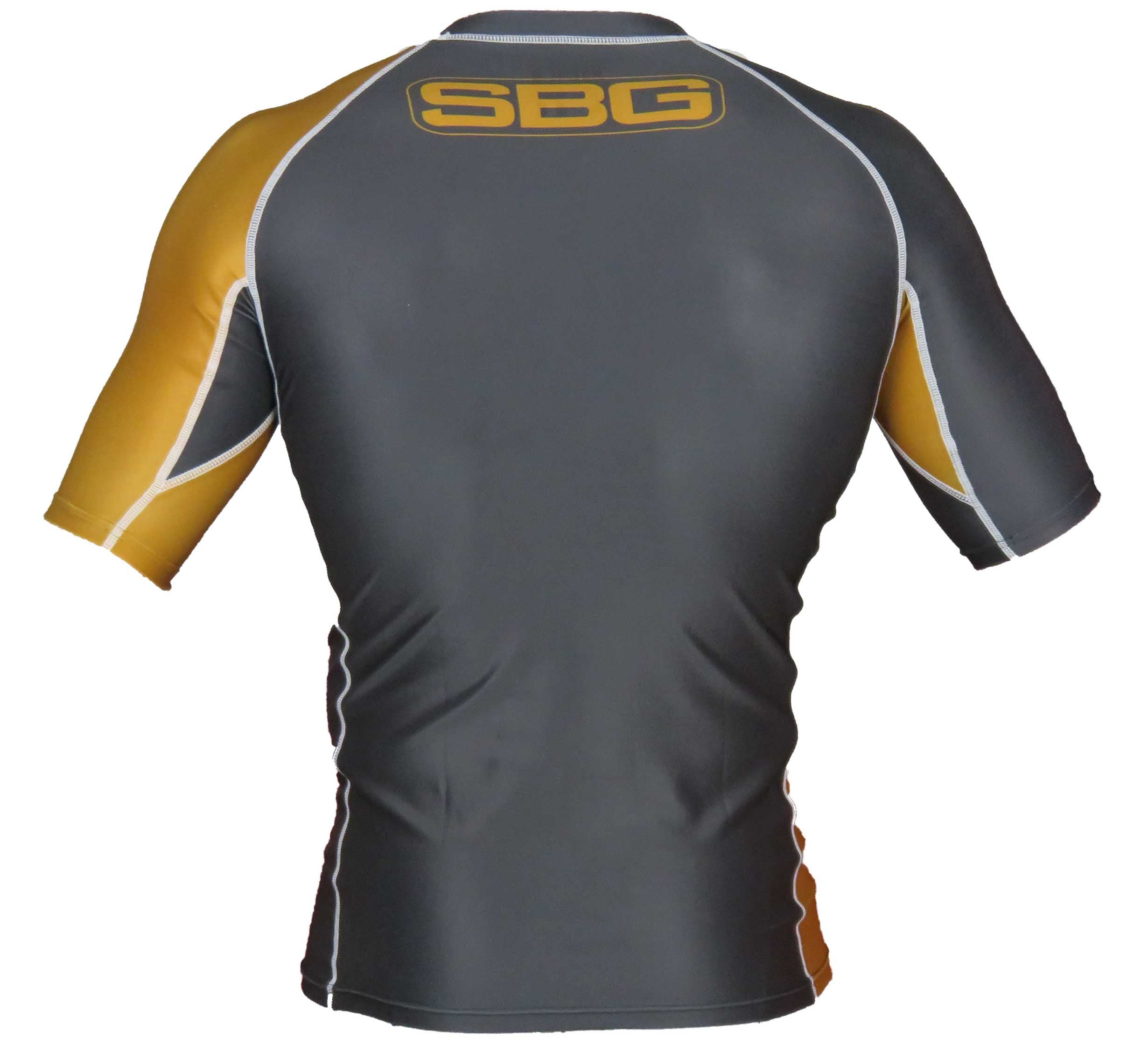 The SBG Short Sleeve Ranked Rashguard features a gray back, yellow side panels, white stitching, and "SBG" in yellow on the upper back.