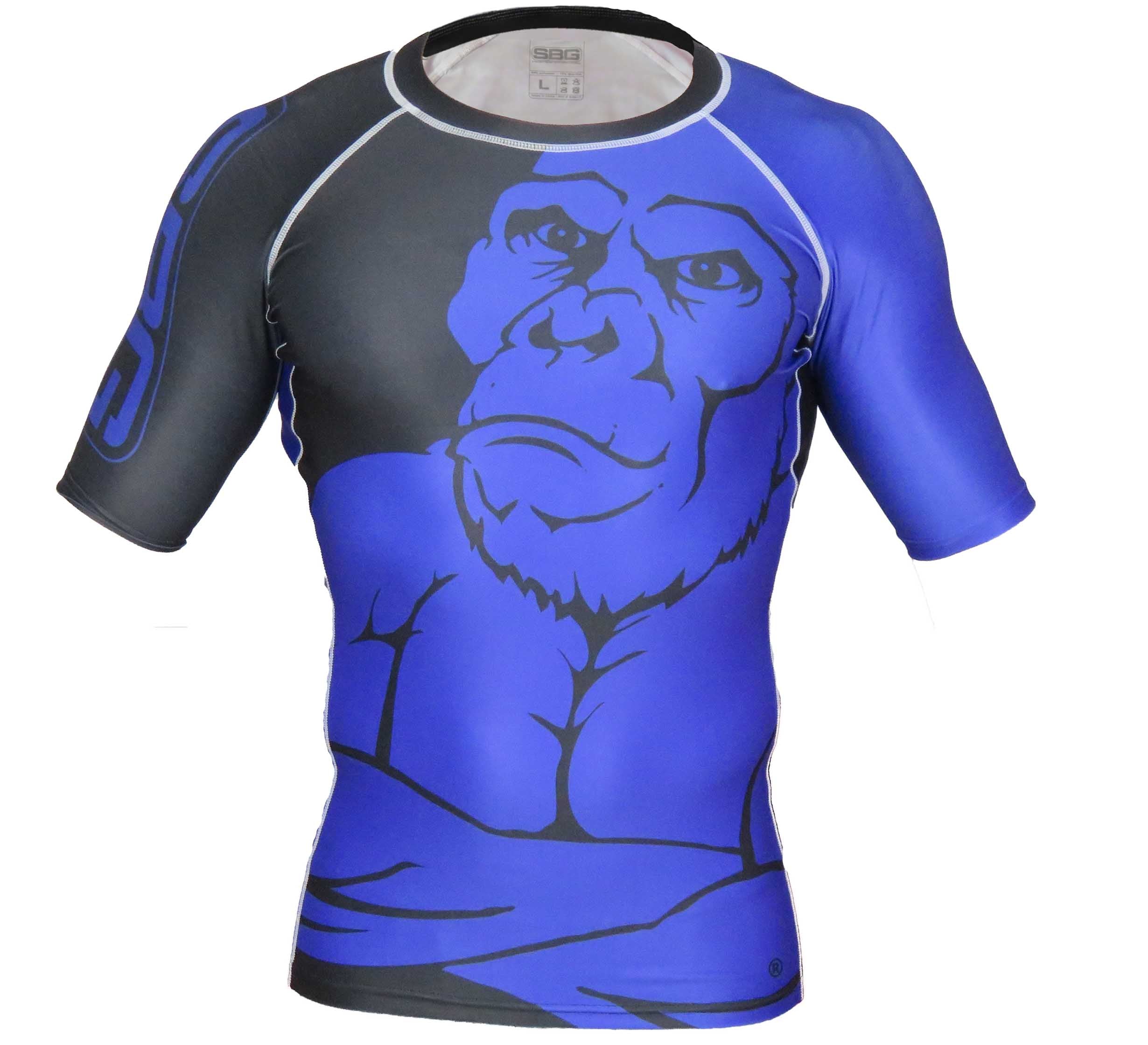 The SBG Short Sleeve Ranked Rashguard is a blue and black athletic top with short sleeves, featuring a bold, stylized gorilla with folded arms on the front.