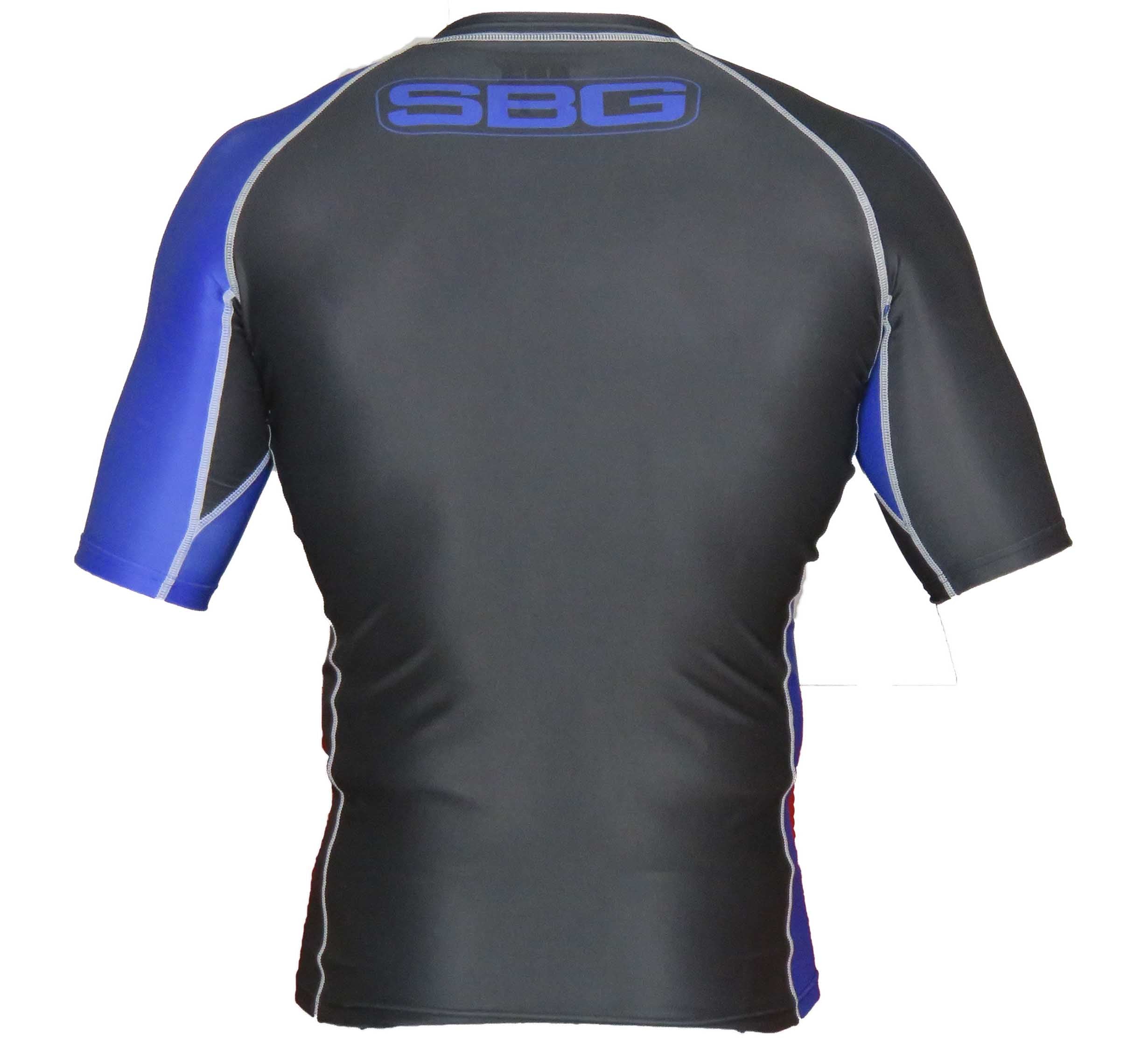 The SBG Short Sleeve Ranked Rashguard features black and blue panels, gray stitching, and "SBG" in blue on the back collar. The shirt is shown from the back.