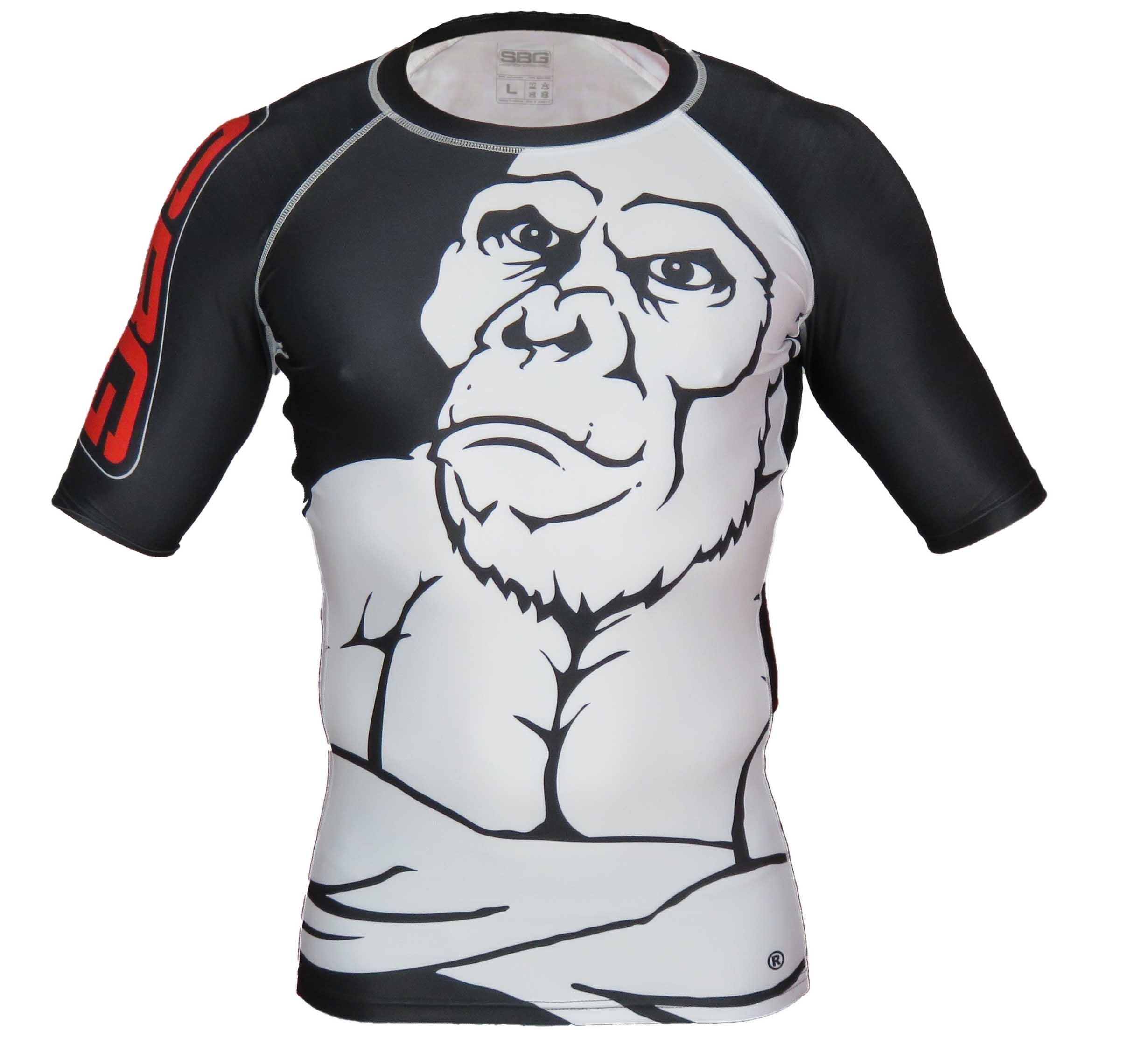 The SBG Short Sleeve Ranked Rashguard Black is a black and white athletic top with short sleeves, showcasing a large gorilla graphic on the front and bold red lettering on the right sleeve.