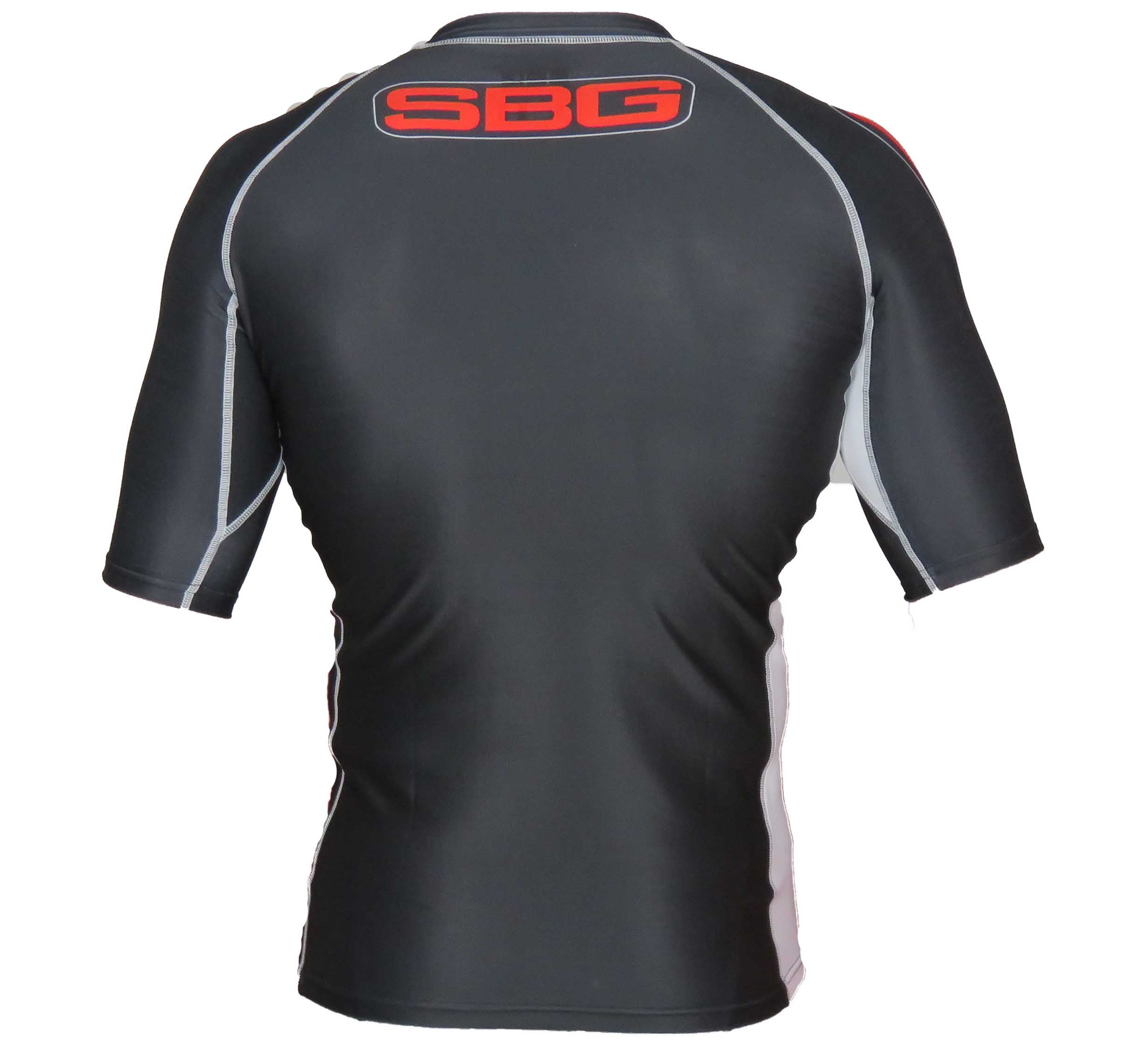 The SBG Short Sleeve Ranked Rashguard Black is a black and gray athletic shirt with short sleeves, featuring the red SBG logo on the upper back near the collar.