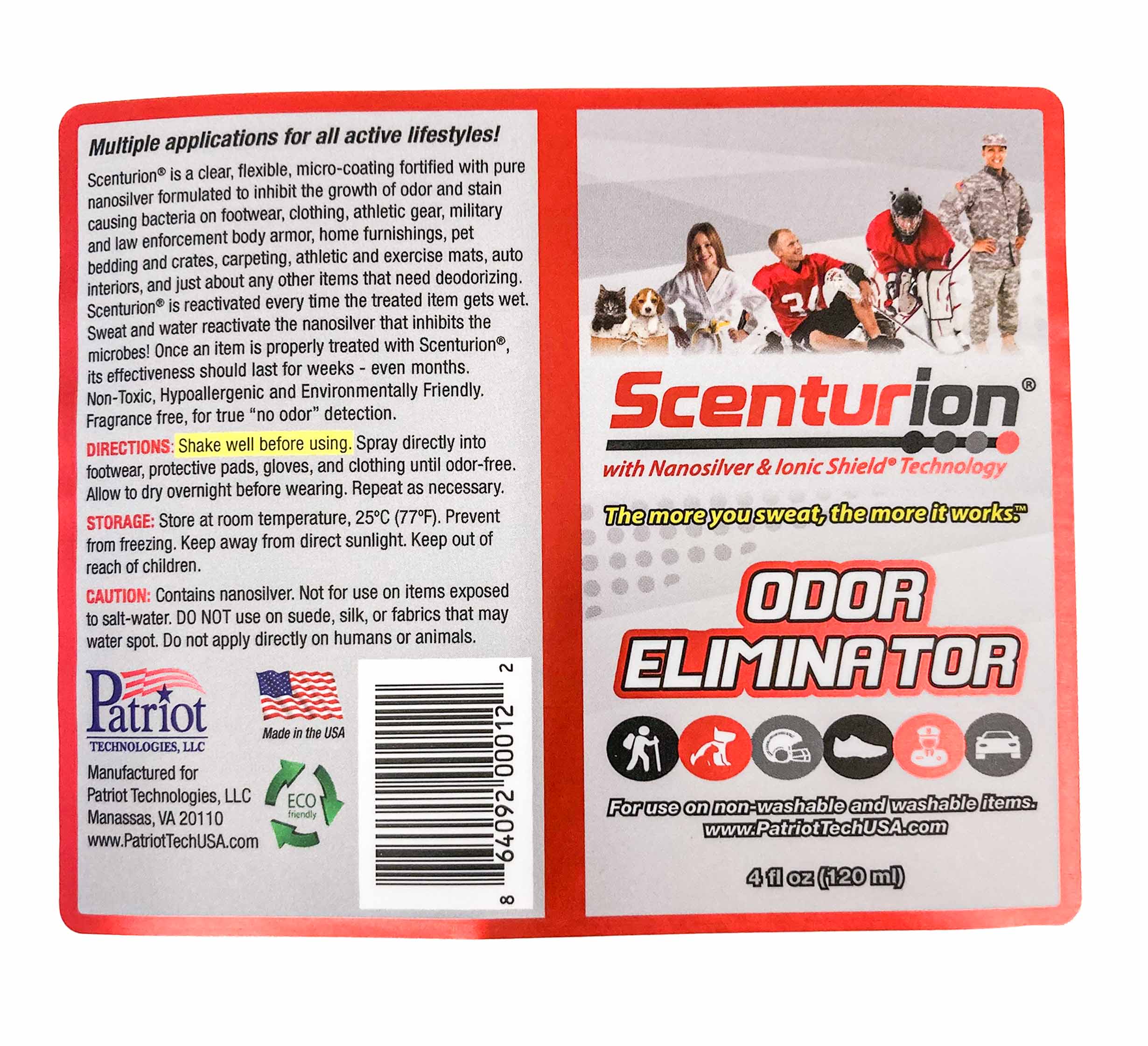 Front label of the 16oz Odor Eliminator by Scenturion, displaying product details, instructions, and images of athletes and pets, emphasizing advanced odor-fighting technology.
