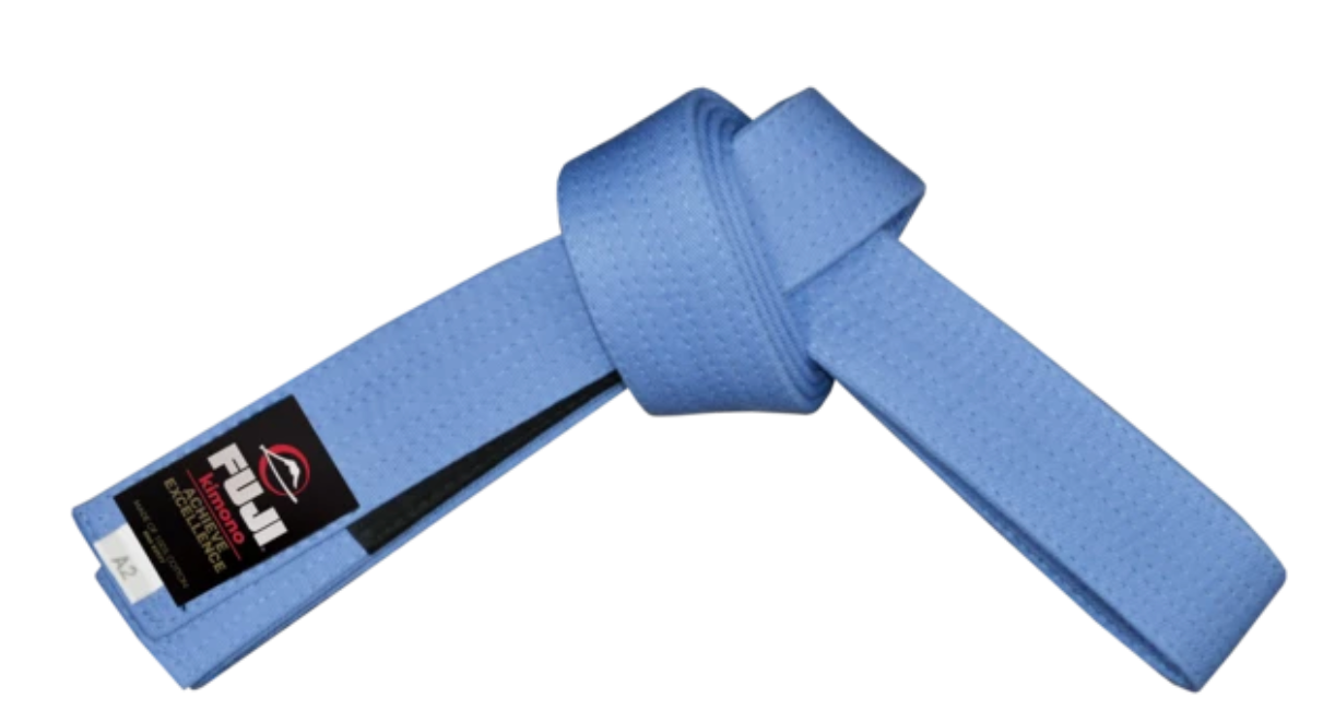 A Kids Jiu Jitsu Colored Belt in blue, neatly tied with a black Fuji Sports label and size tag on one end, displayed on a white background.